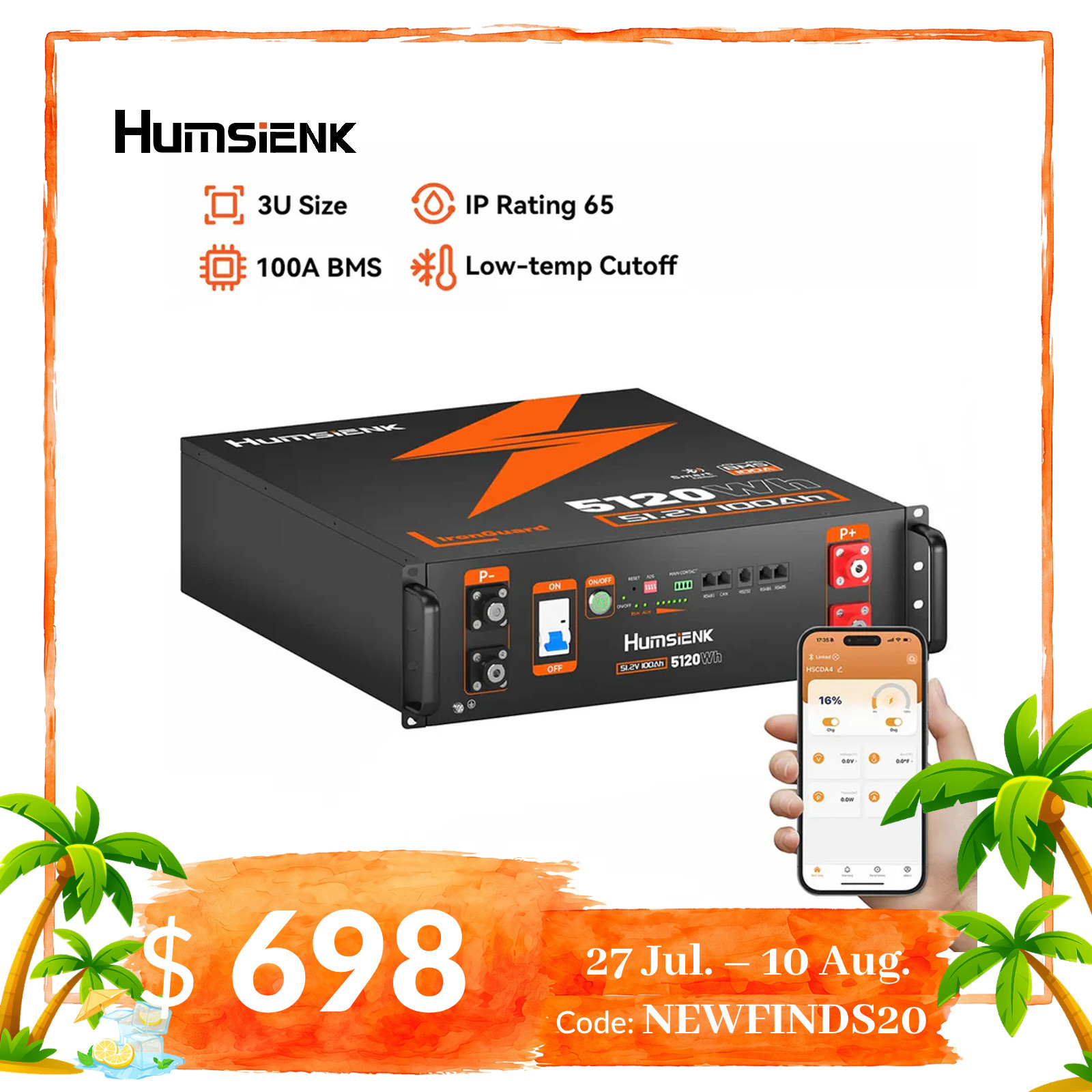 5120Wh 48V 100Ah 3U Server Rack LiFePO4 Battery 100ABMS Bluetooth Monitor UL1973