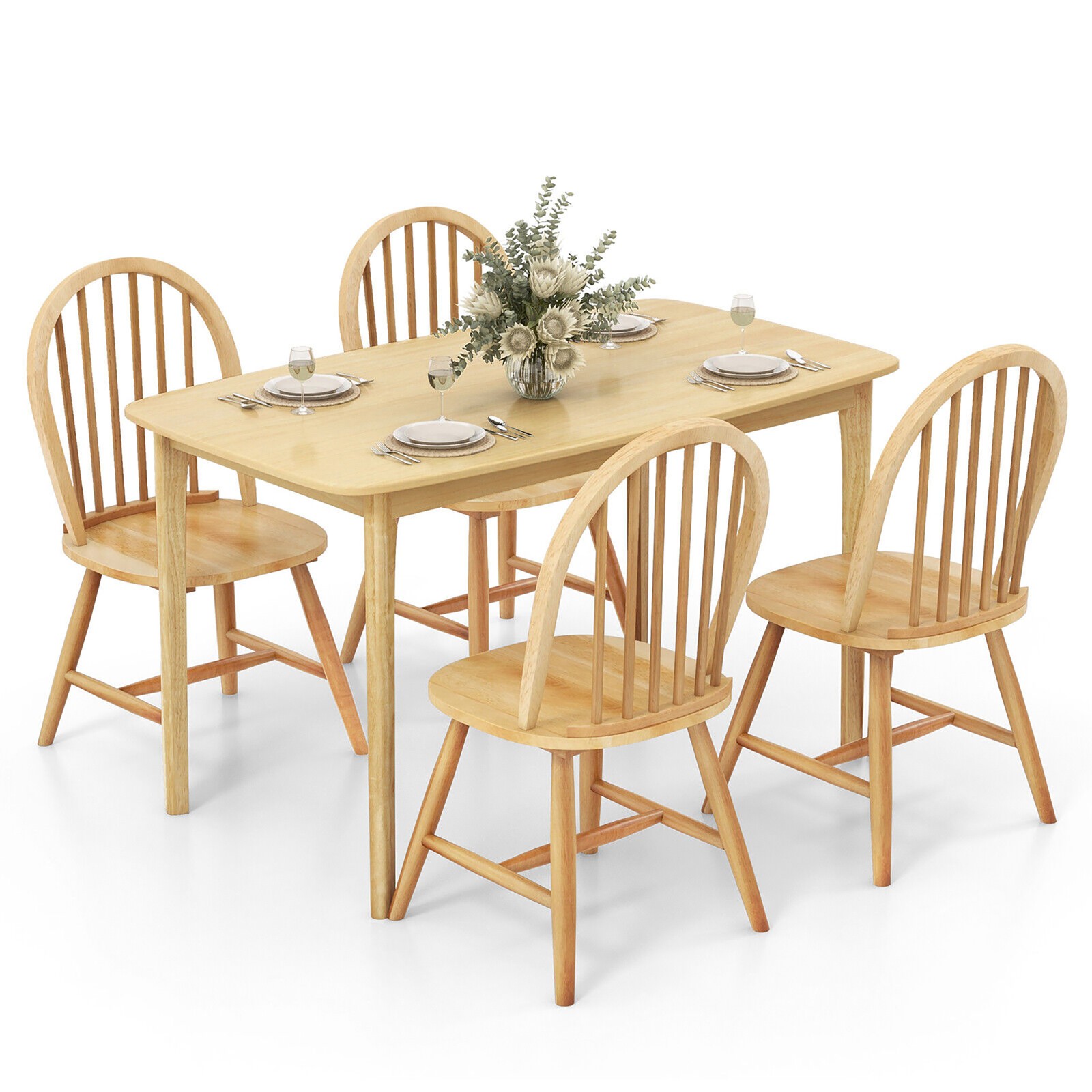 5 PCS Wooden Dining Table Set 48" Rectangular Kitchen Table & 4 Windsor Chairs