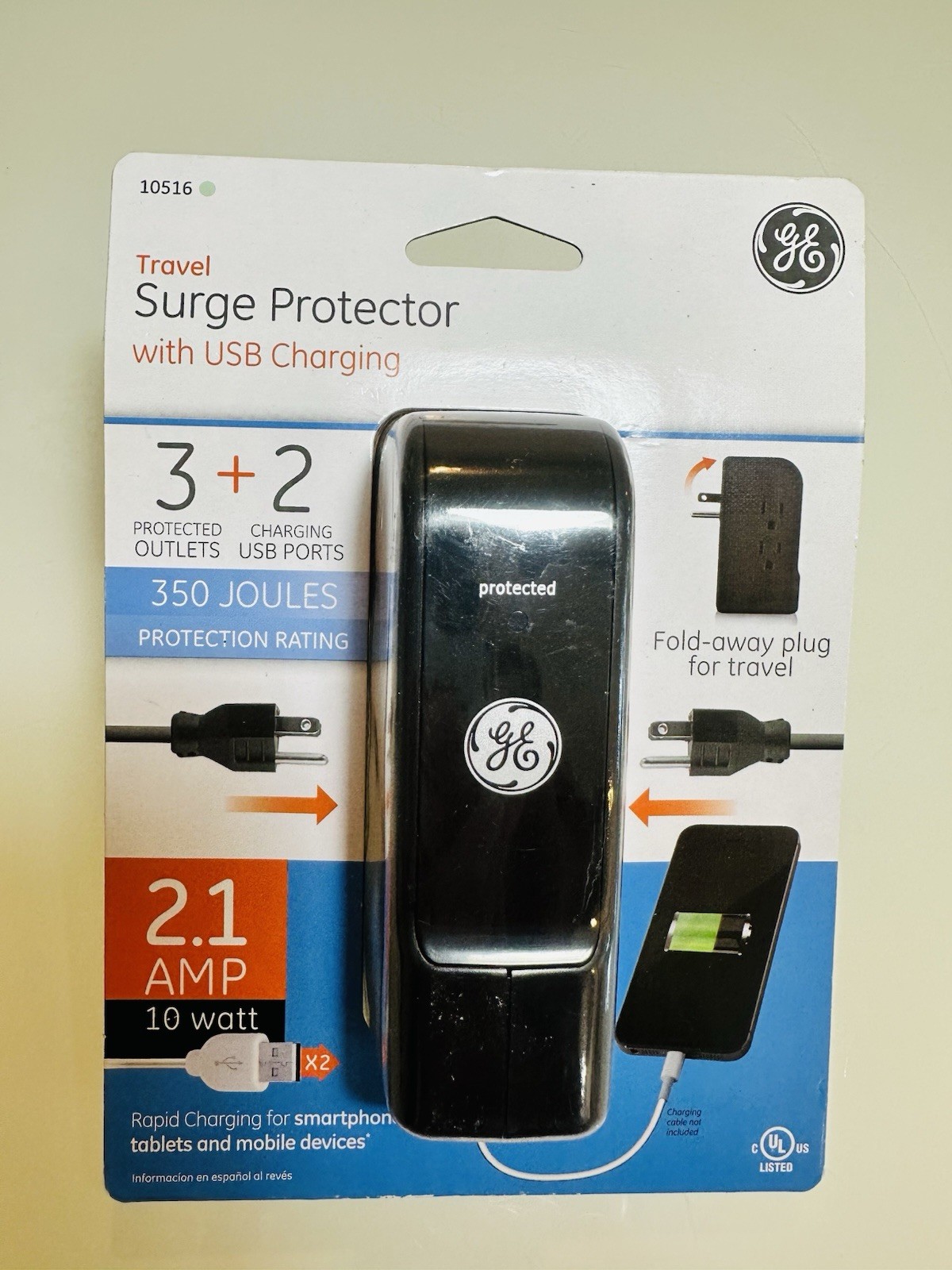 New GE 10516 3 Outlet Travel Surge Protector 350 Joules with USB ports