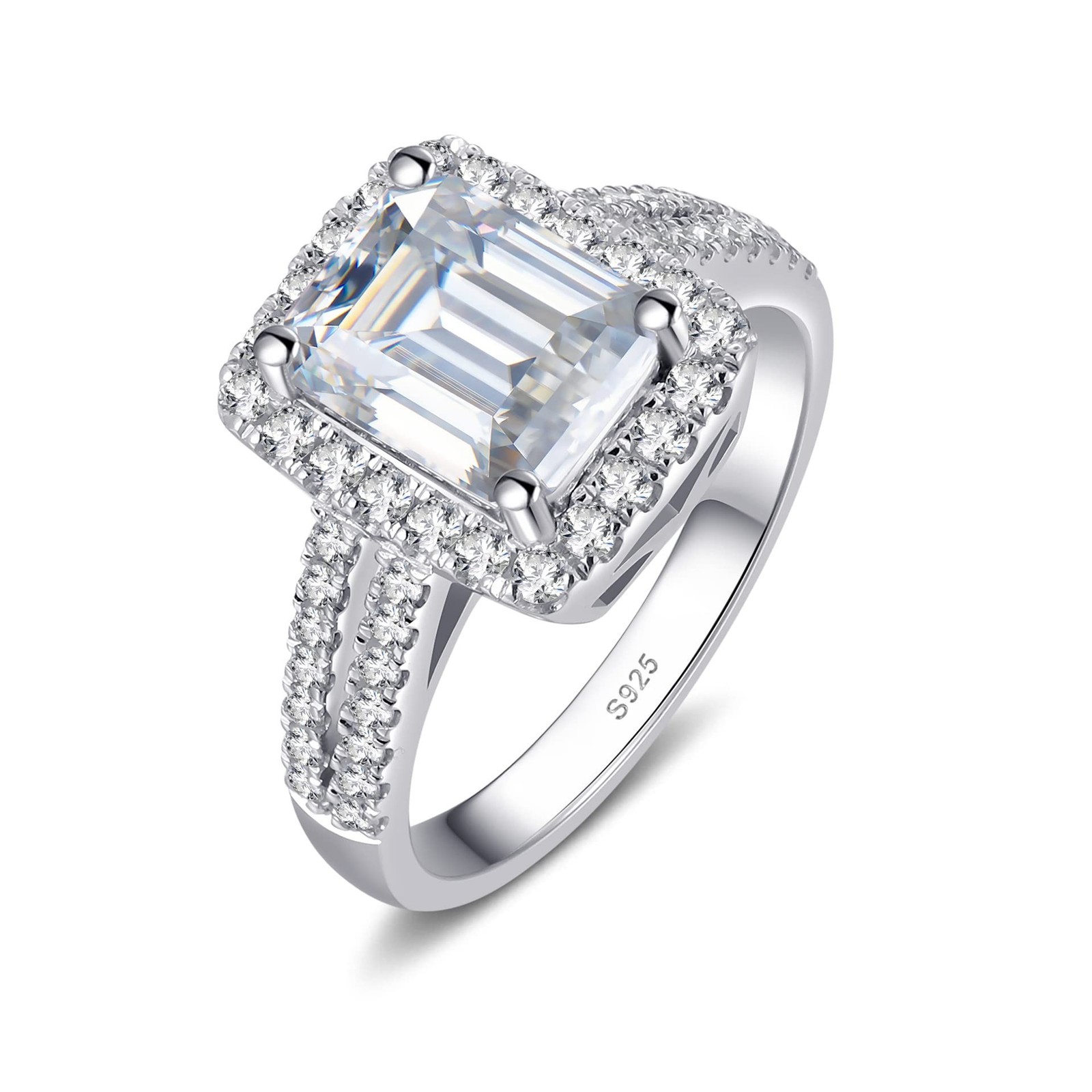 Emerald Cut Moissanite Ring For Women 18 K White Gold Plated S925 Sterling Si...