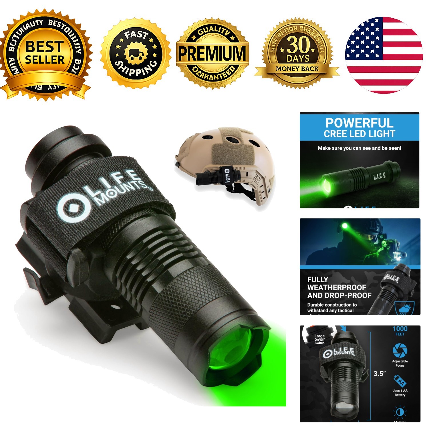 Tactical Helmet Flashlight Mount Quick-Detach 3.5x1.5in Green LED Shockproof