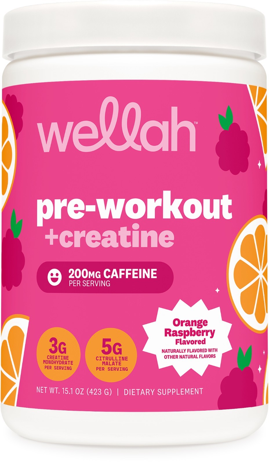 Wellah Pre-Workout + Creatine Powder (30 Servings) Orange Raspberry -3g Creatine