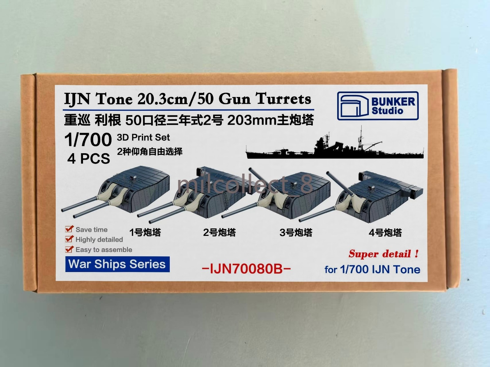 Bunker Studio 1/700 IJN Tone 20.3cm/50 Gun Turrets 3D‑Print Set for Tone Kit