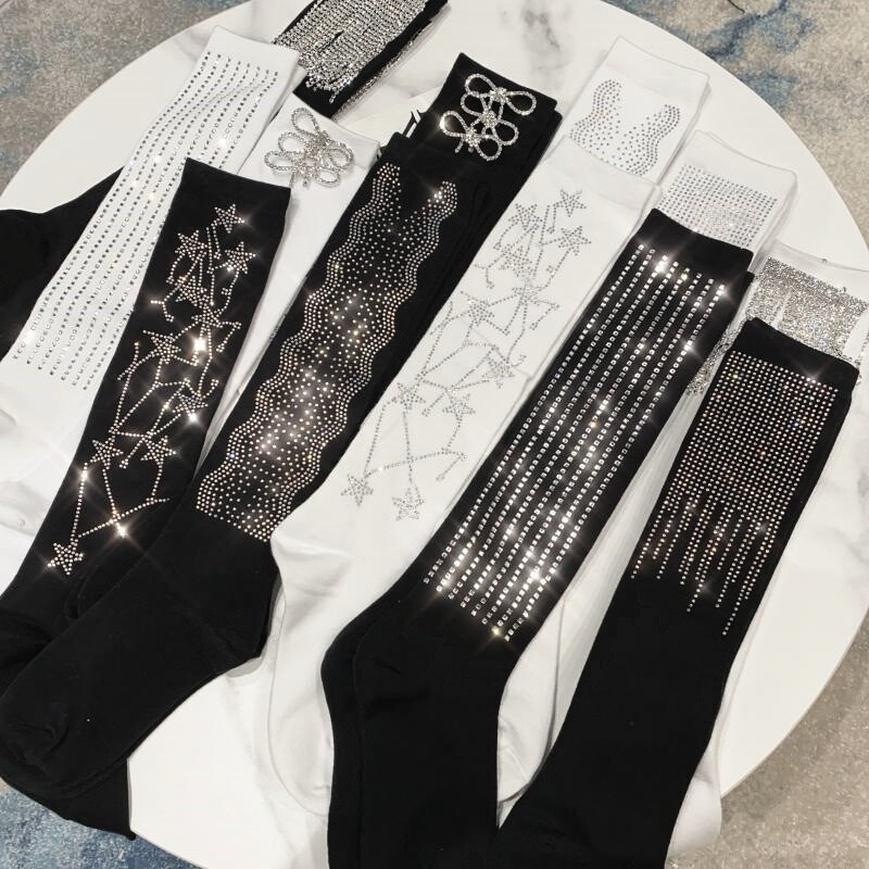 Shiny Stockings Cotton Long Socks Rhinestone Beaded Bow Tassel Dance Clubwear