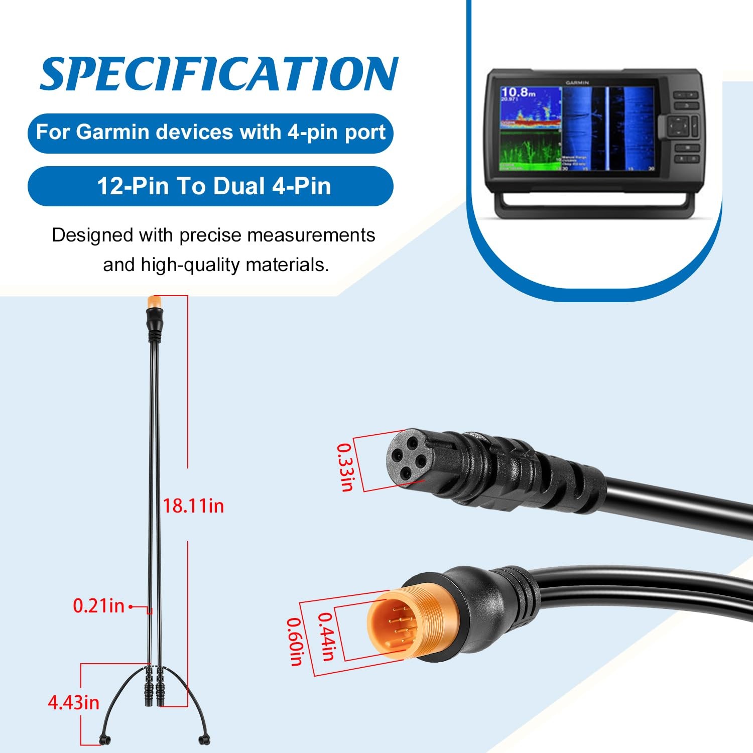 12-Pin To Dual 4-Pin Transducer Y-Cable 010-12234-05 For Garmin echoMAP Striker