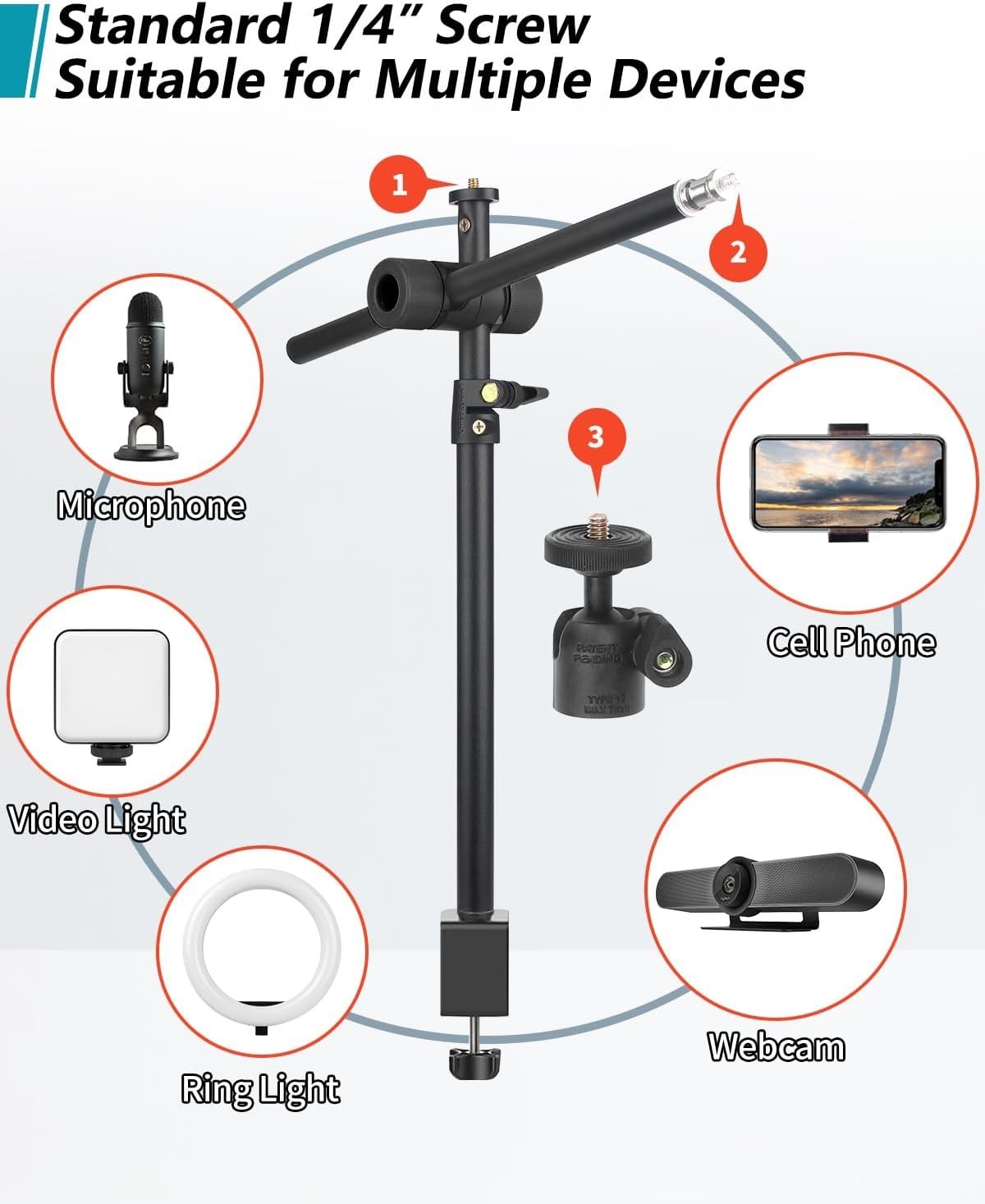 Overhead Camera Mount Desk Stand 360 Adjustable Magic Arm Webcam Phone Clamp