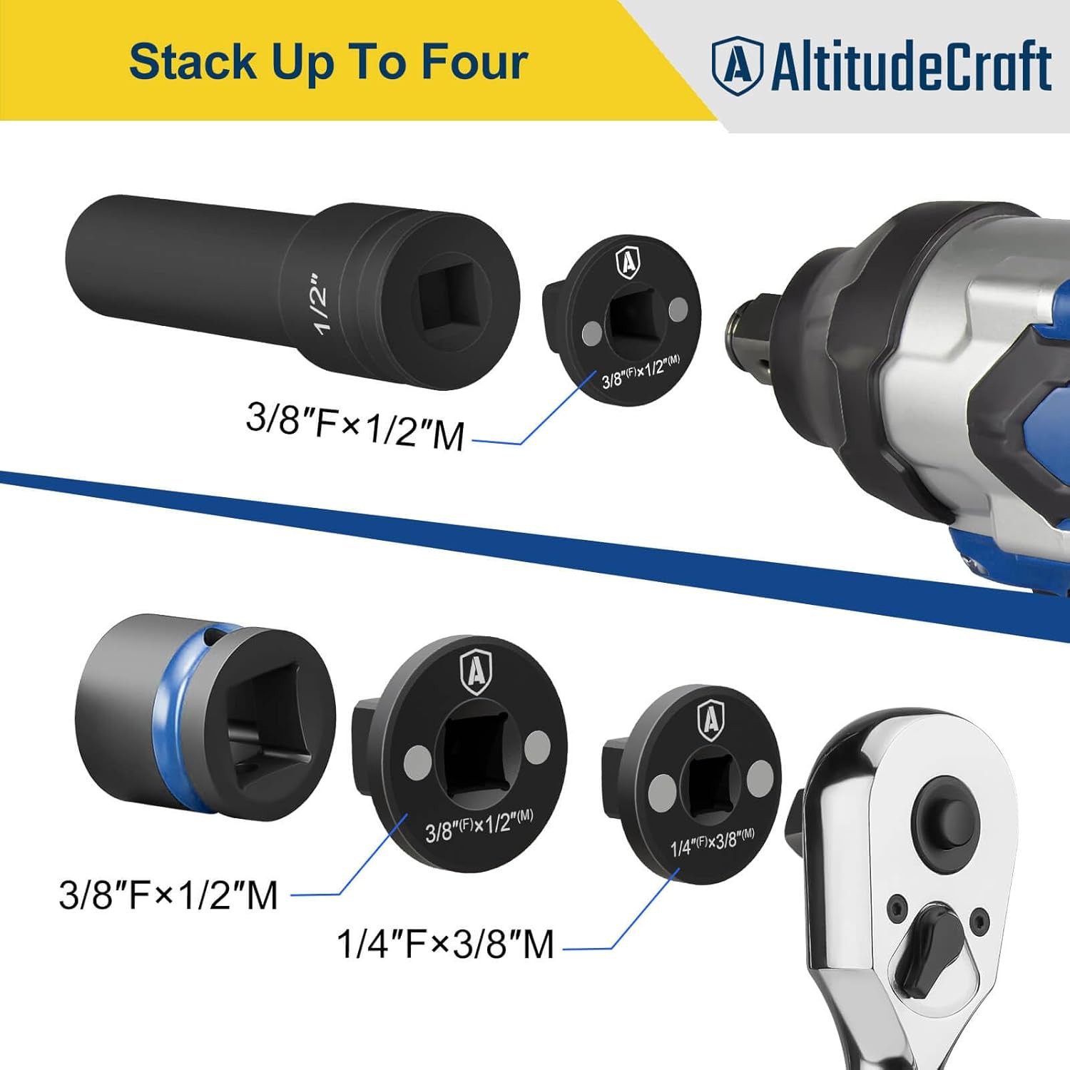 4Pcs Low Profile Impact Socket Adapter Set, Drive Ratchet Adapter Set, Magnetic