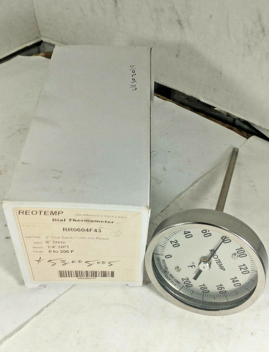 1 NEW REOTEMP RR0604F43 DIAL THERMOMETER 3" W/ 6" STEM 1/4"NPT 0-200F NIB