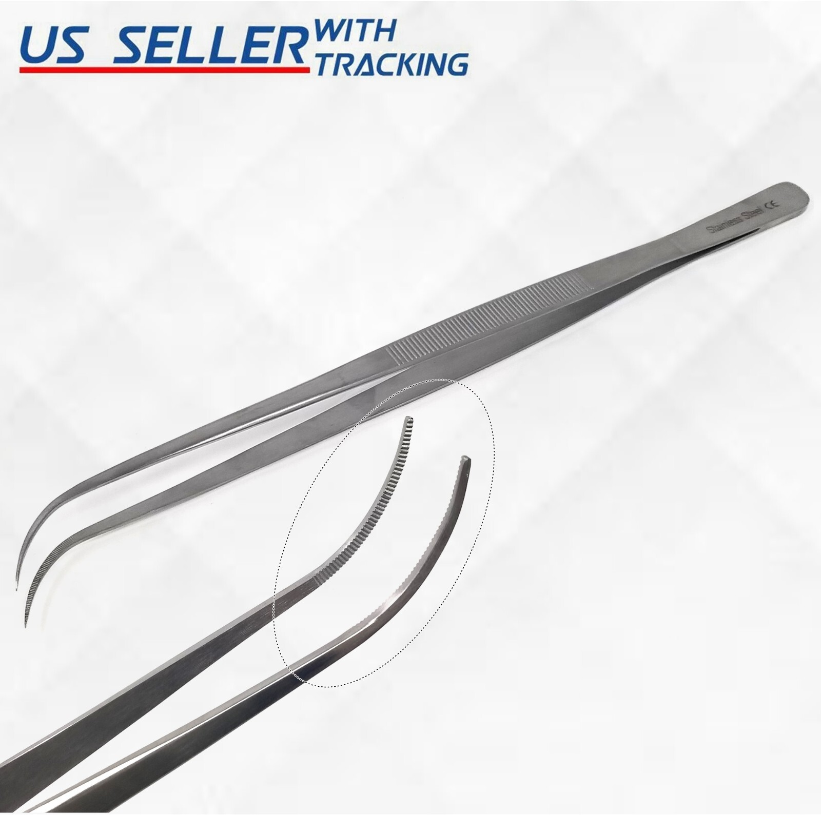 Stainless Steel Micro Precision Fine Pointed Professional Tweezers 12" Curved