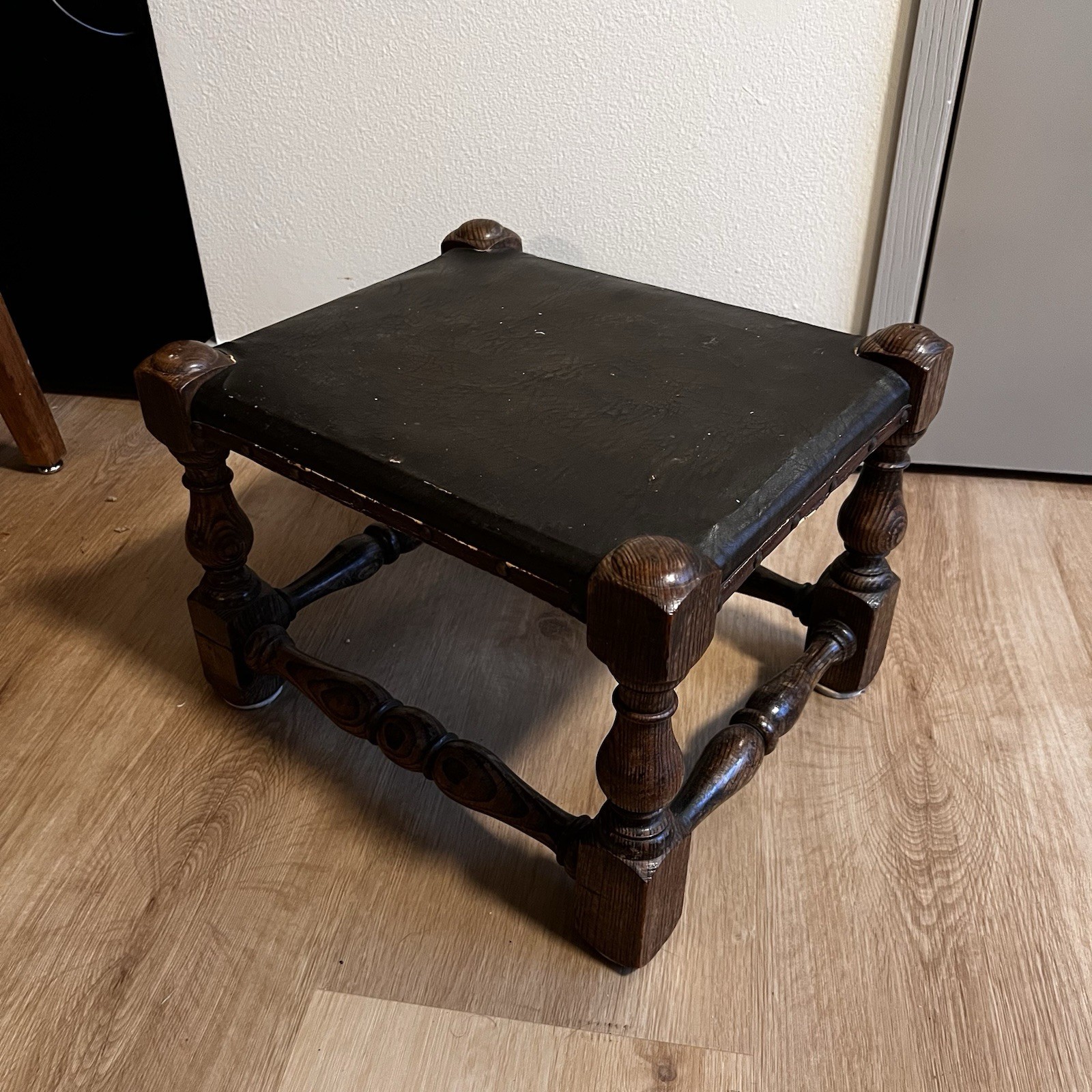 Antique Victorian Handmade Leather Oak Footstool, Footrest