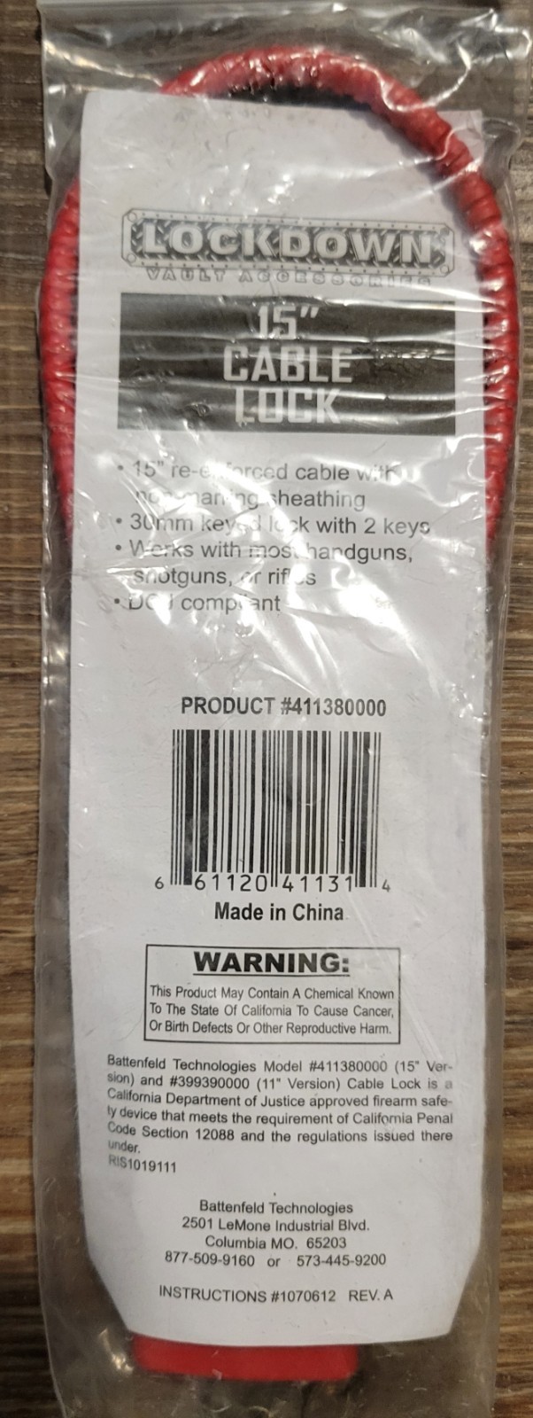 Lockdown 15 Inch Cable Lock Gun Keys Included RED