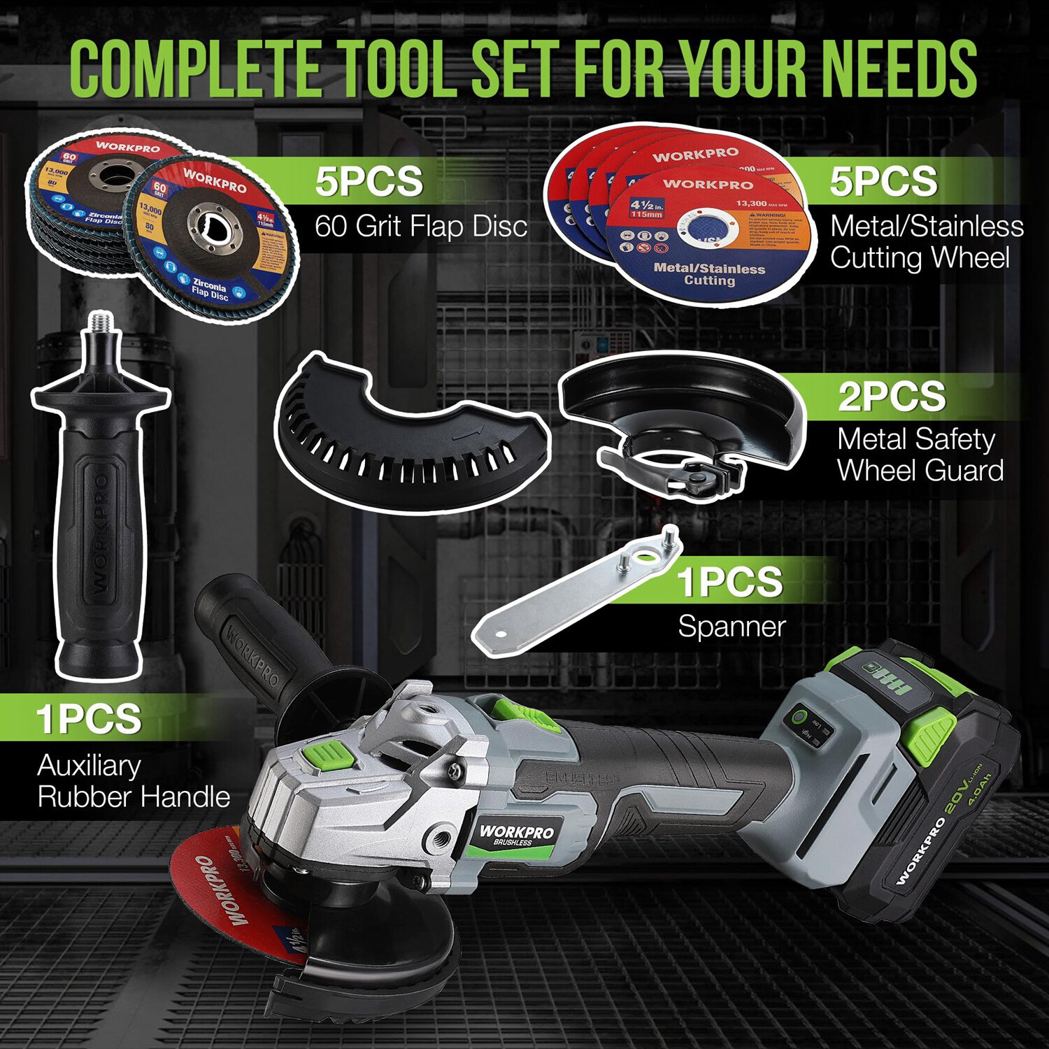 WORKPRO 20V Brushless Motor Cordless Angle Grinder Kits 4-1/2" Disc 4.0A Battery