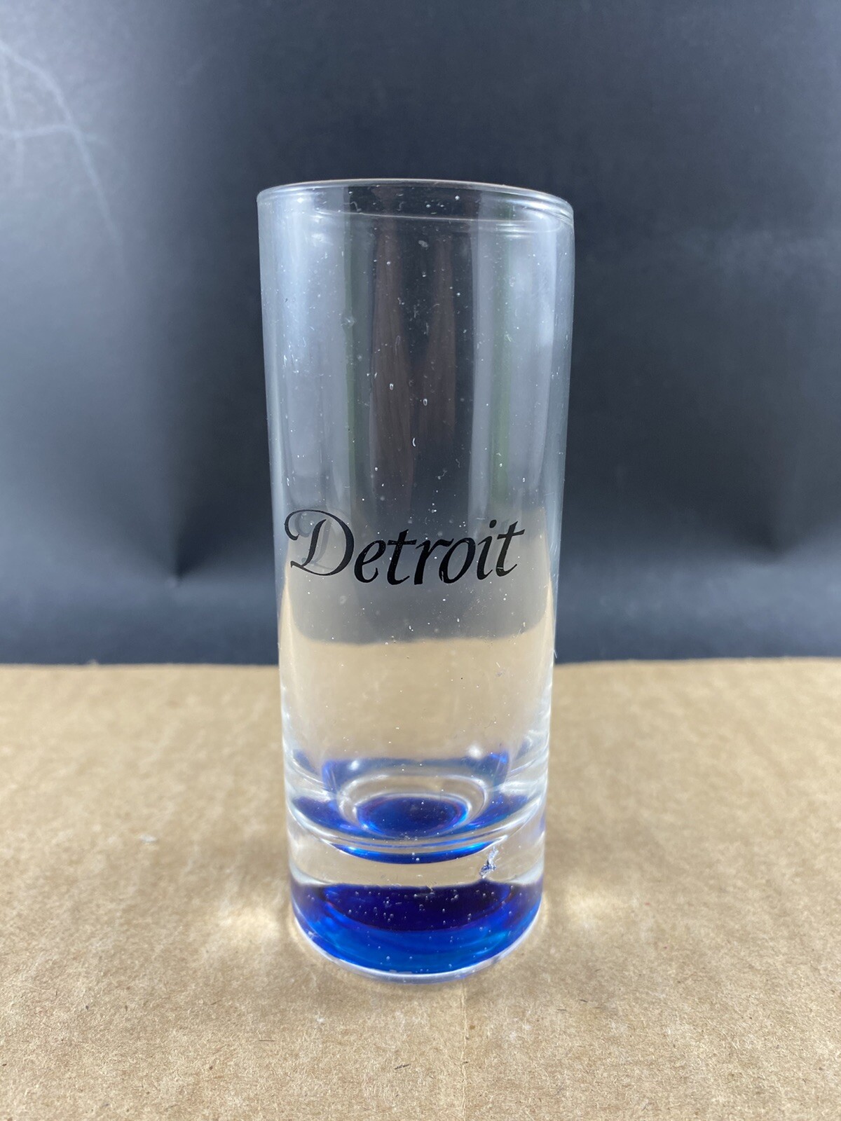 Detroit Blue Tinted 4in. shot glass, COMBINED SHIP $1 PER MULTIPLE
