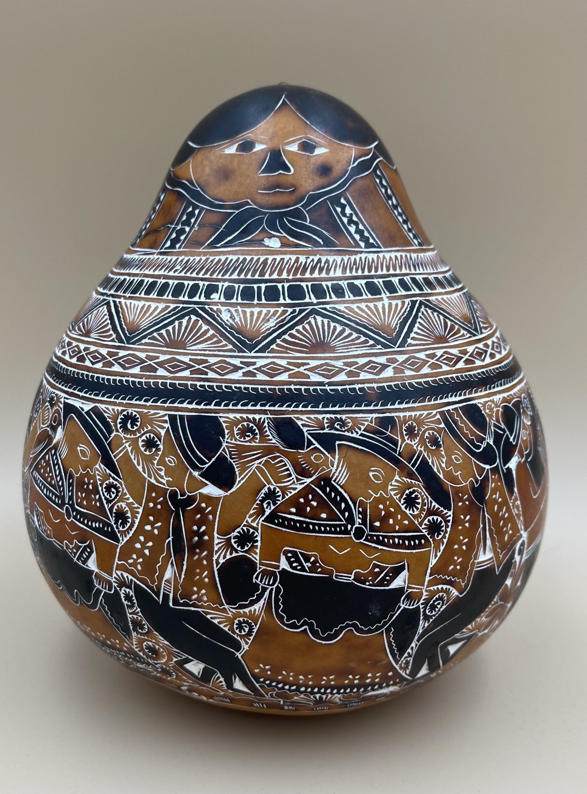 Folk Art Peru Storyteller Gourd Hand Carved Village Musicians and Dancers
