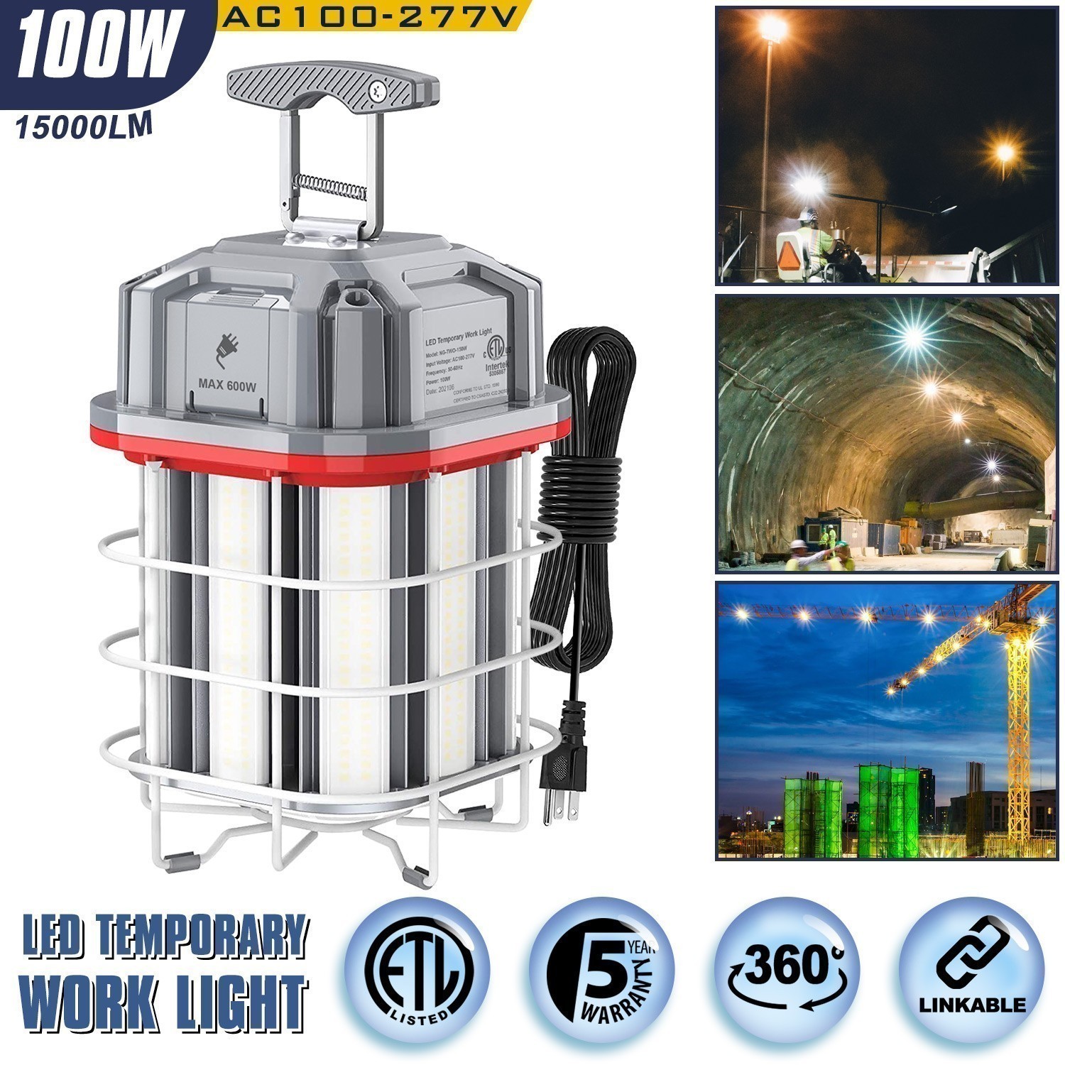 100W Linkable Construction Light Temporary Work Lights Jobsite Building Lighting