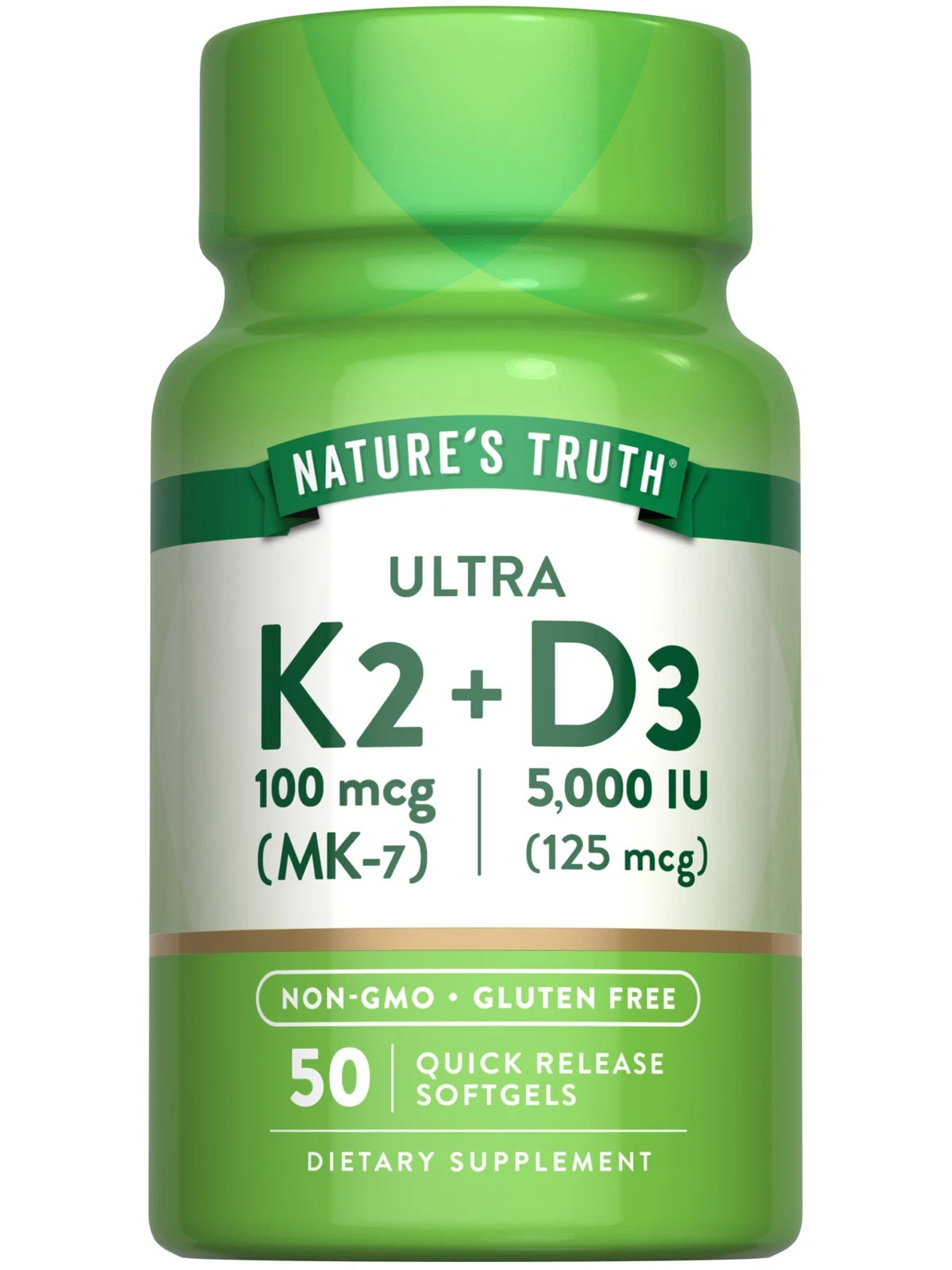 Ultra Vitamin K2 + D3 (MK-7 100mcg D-3 5000iu) 50 Quick Release Softgels Non-GMO