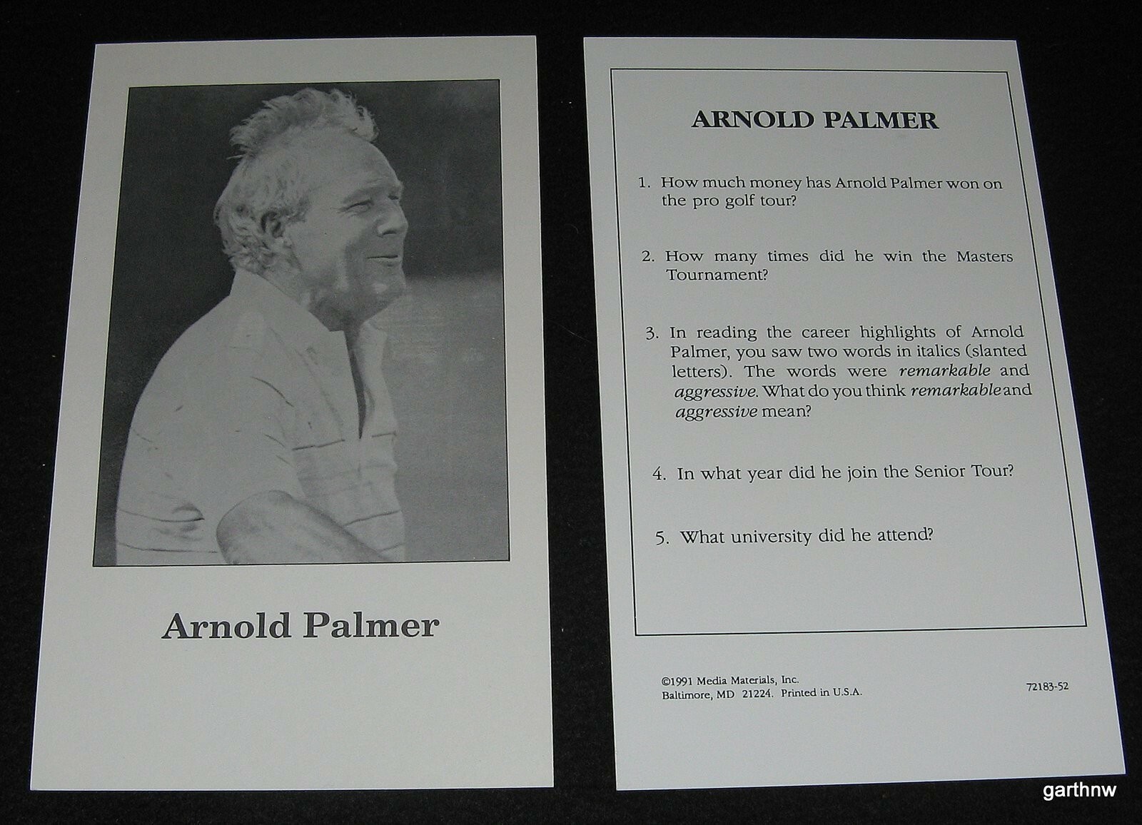 ARNOLD PALMER RARE 1991 MEDIA MATERIALS LARGE CARD GOLF & GOLFING