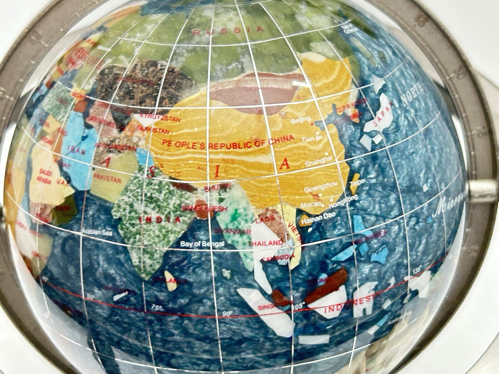 Blue Table Top Gemstone World Globe Silver Tripod