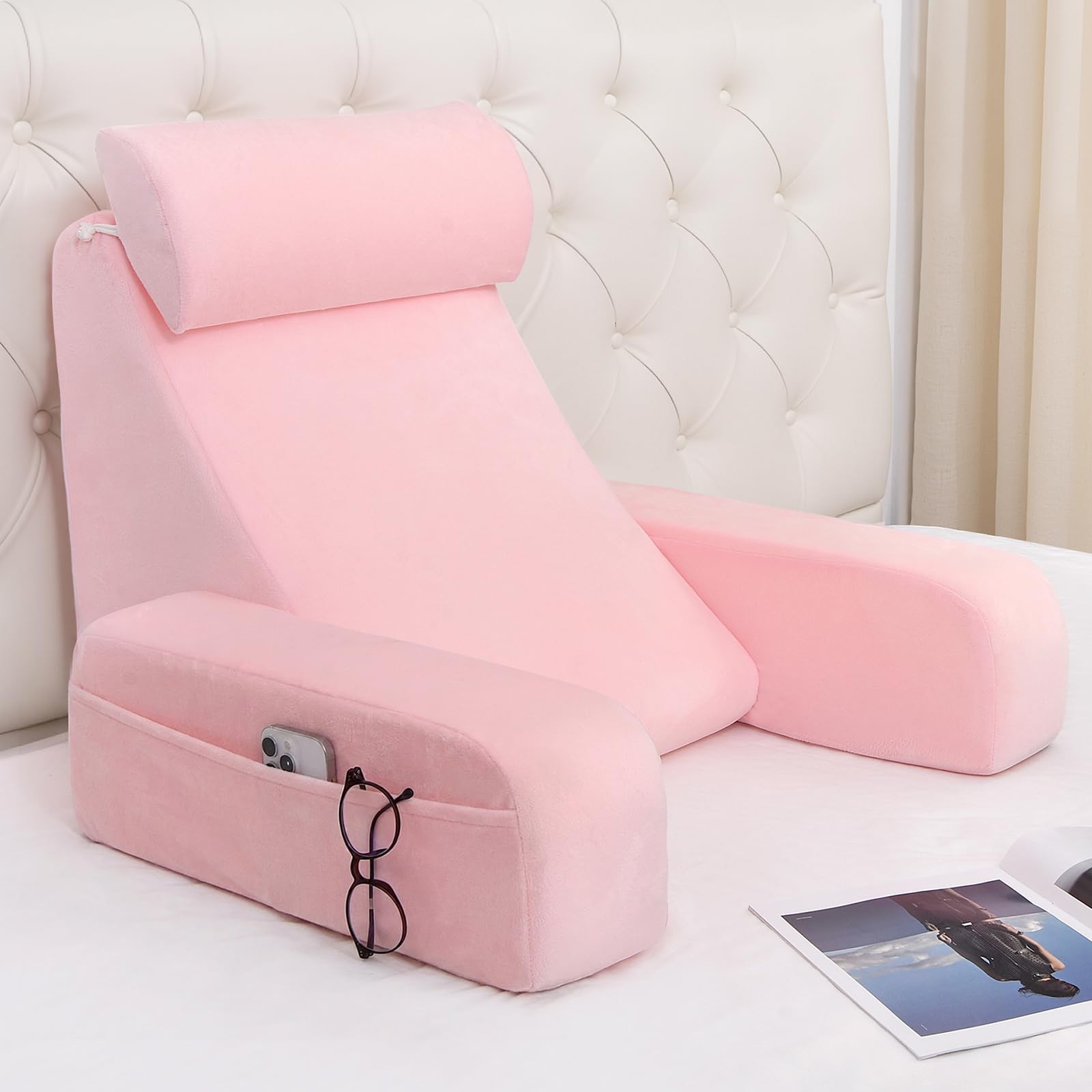 ENITYA 19" Reading Pillow for Bed with Firm Back Support & Big Pockets | Back