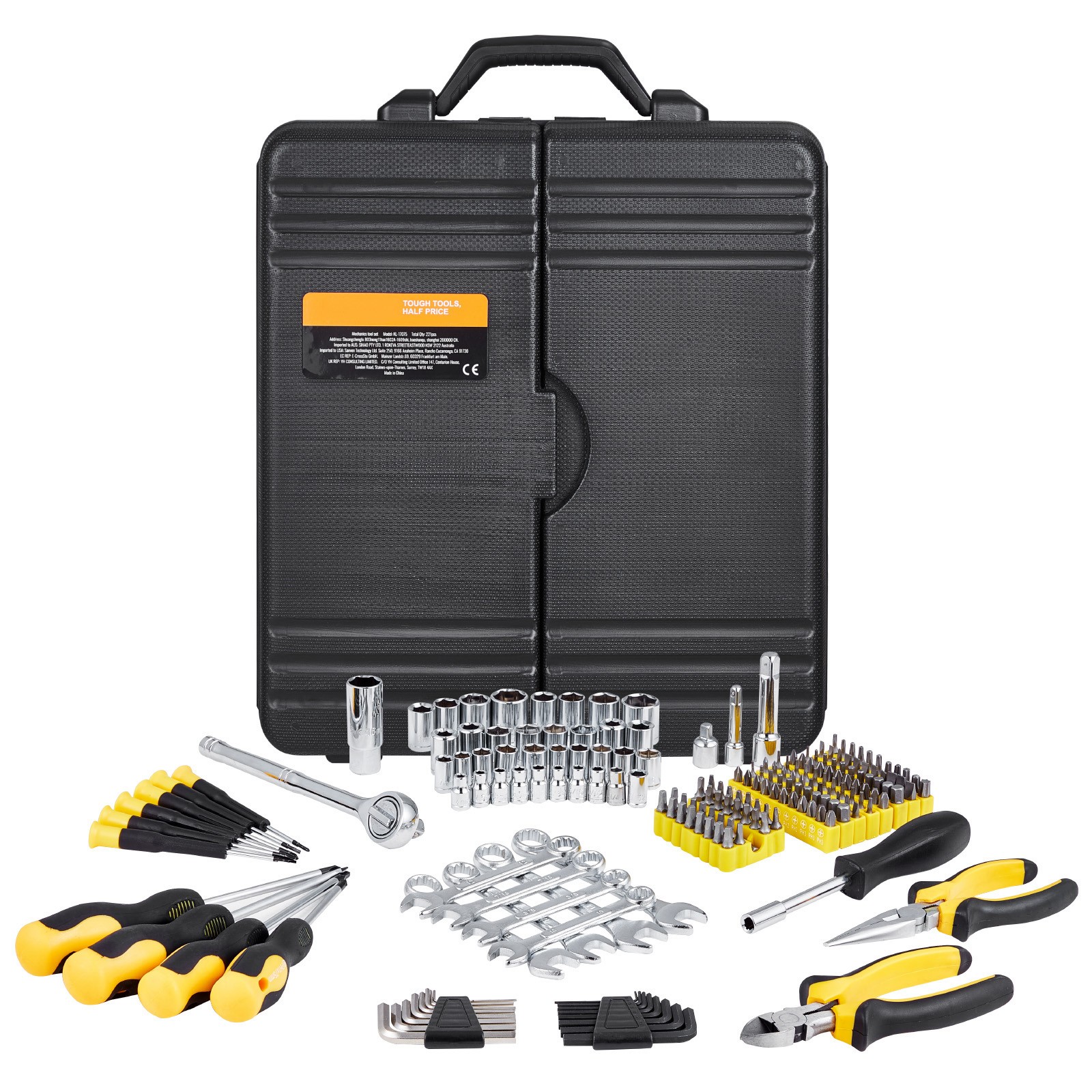 221-Piece Mechanics Tool Set 1/4" and 3/8" Drive Sockets SAE and Metric