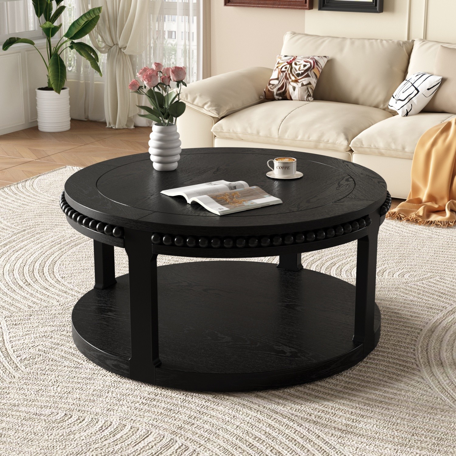 2 Tier Rustic Round Wood Coffee Table w/ Storage Cocktail Table for Living Room