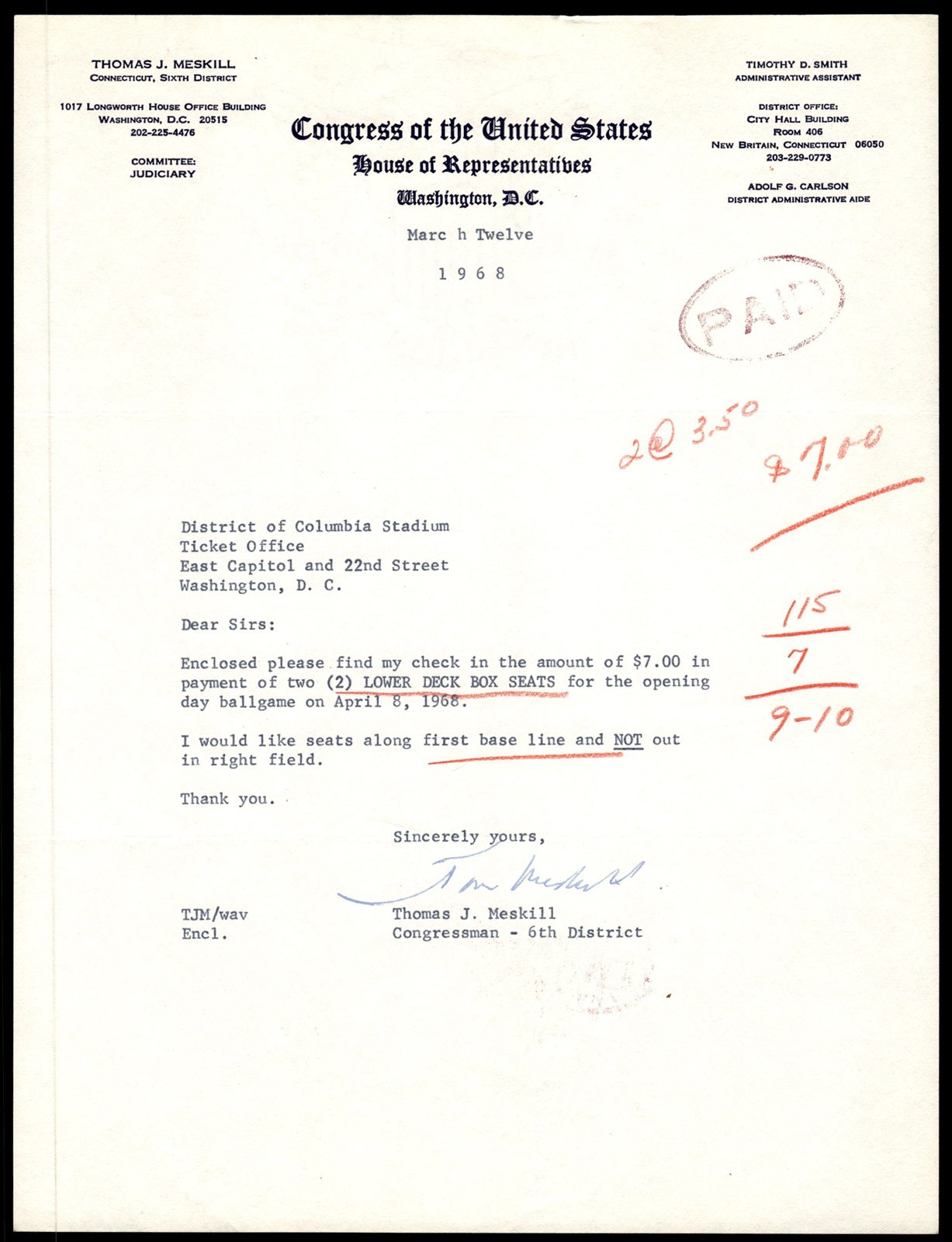 Thomas Meskill Signed U.S. House of Reps 1968 Letter to Wash. Senators *CF281
