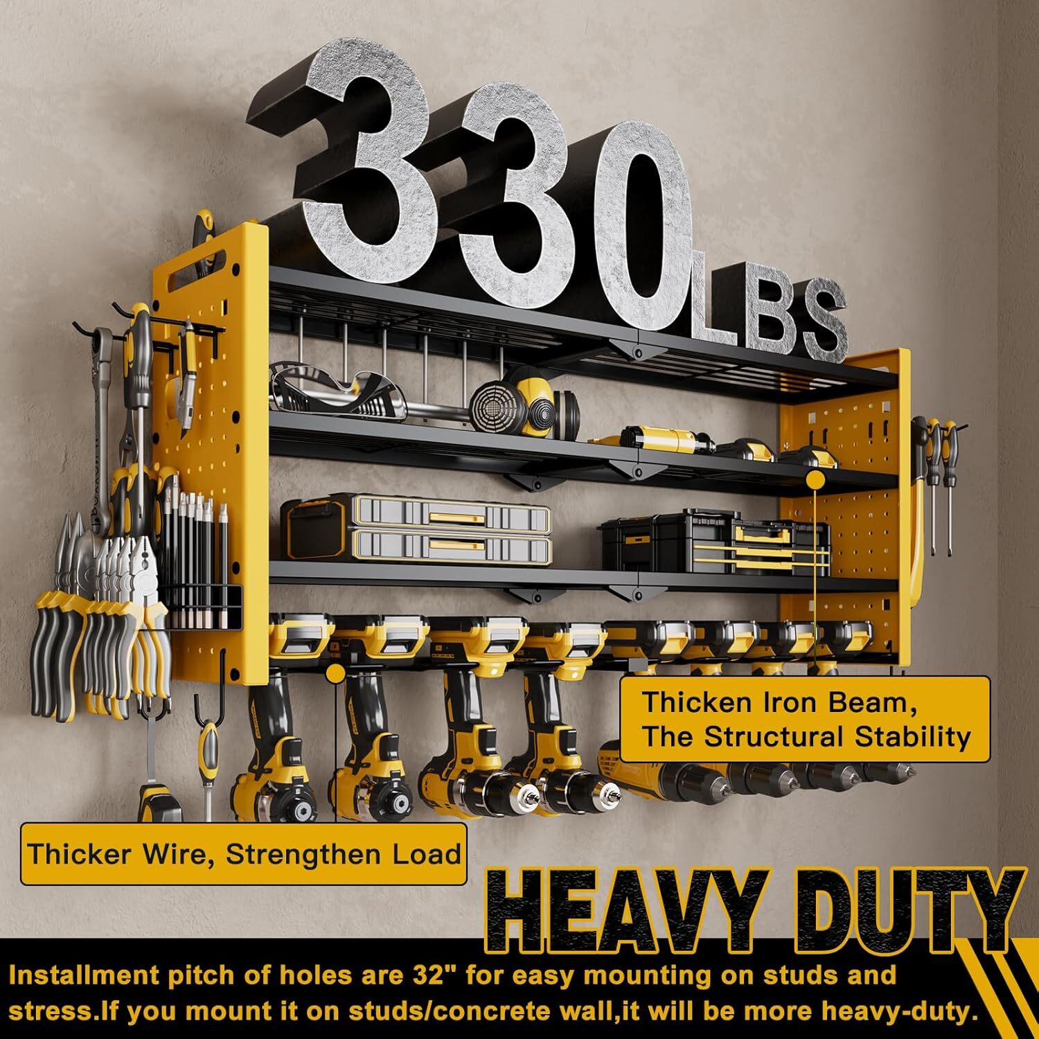 Wall Mounted Power Tool Organizer,4-Tier Tool Rack with 8 Drill Holders (Yellow)