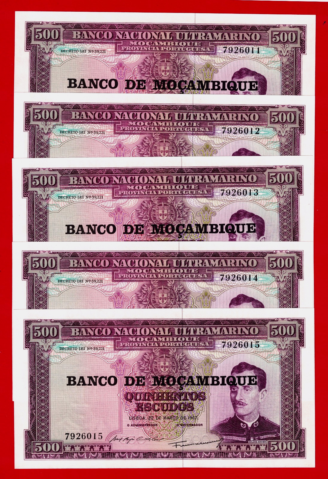 MOZAMBIQUE Lot of 5 x 500 ESCUDOS 1976 /1967 UNC NOTES - FIRST ISSUE (P-110a.1)