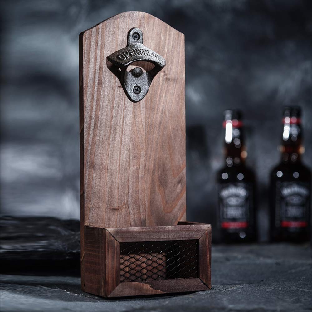 Bottle Opener with Cap Collector Catcher,Vintage Wooden Wall Mounted Bottle O...