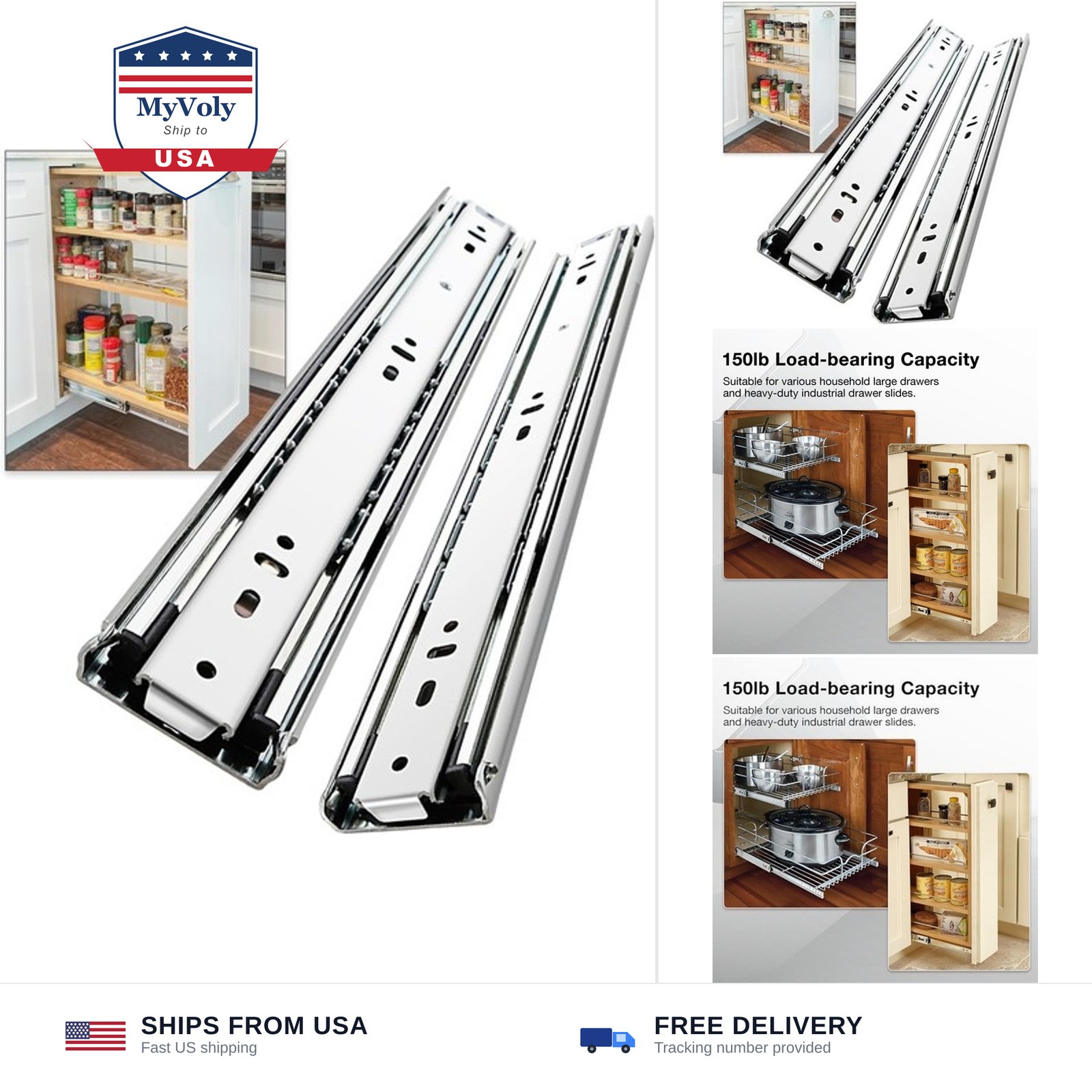 Heavy Duty Drawer Slides Full Extension Runners 150 lbs 12 14 16 18 20 22 24 ...