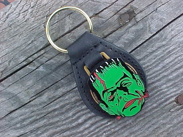 FRANKENSTEIN CLASSIC MONSTER COLLECTOR LEATHER KEY FOB DETAILED ON GOLD METAL