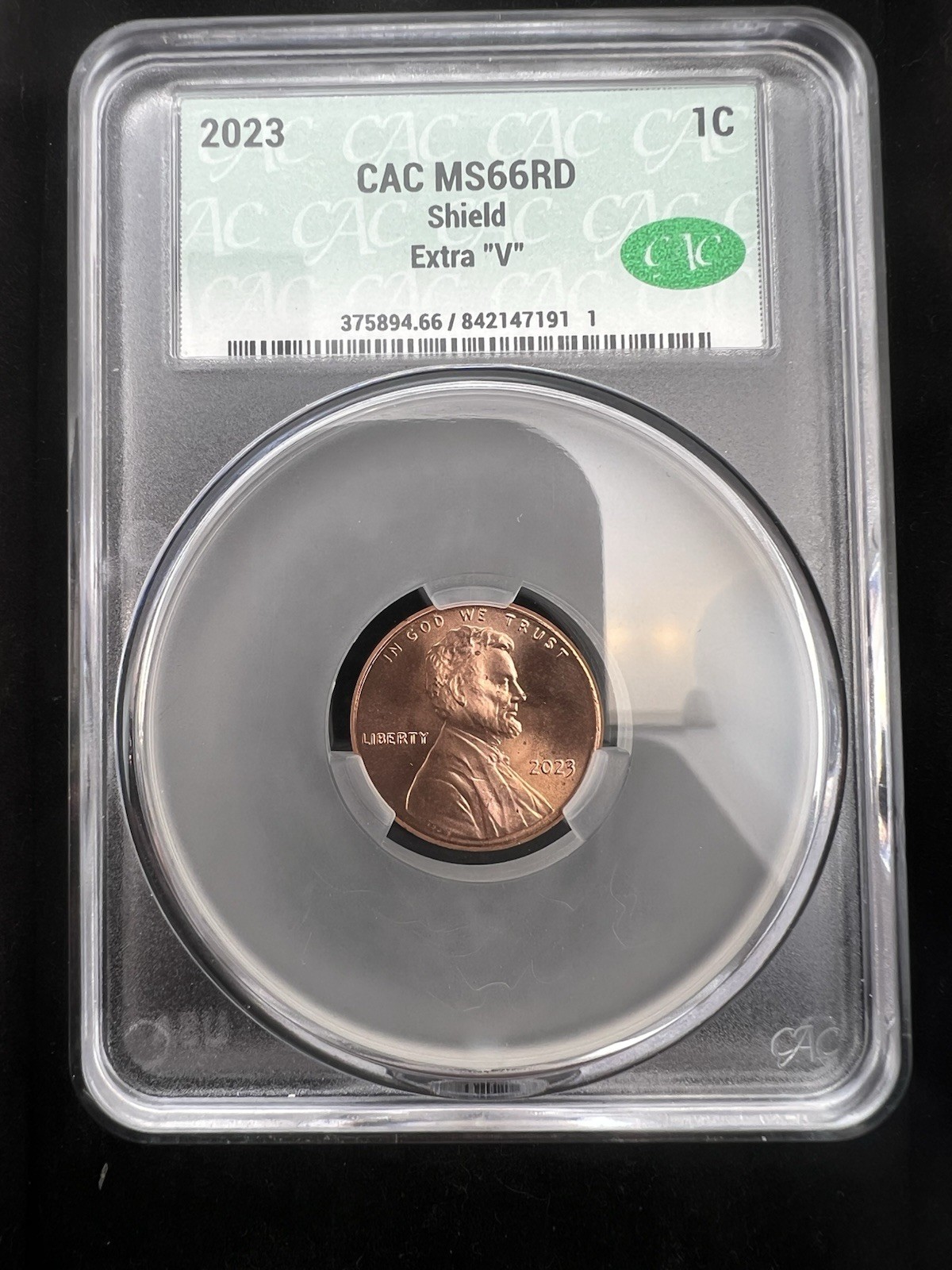2023-P Extra V Lincoln Shield Cent CAC MS66 RD 1¢