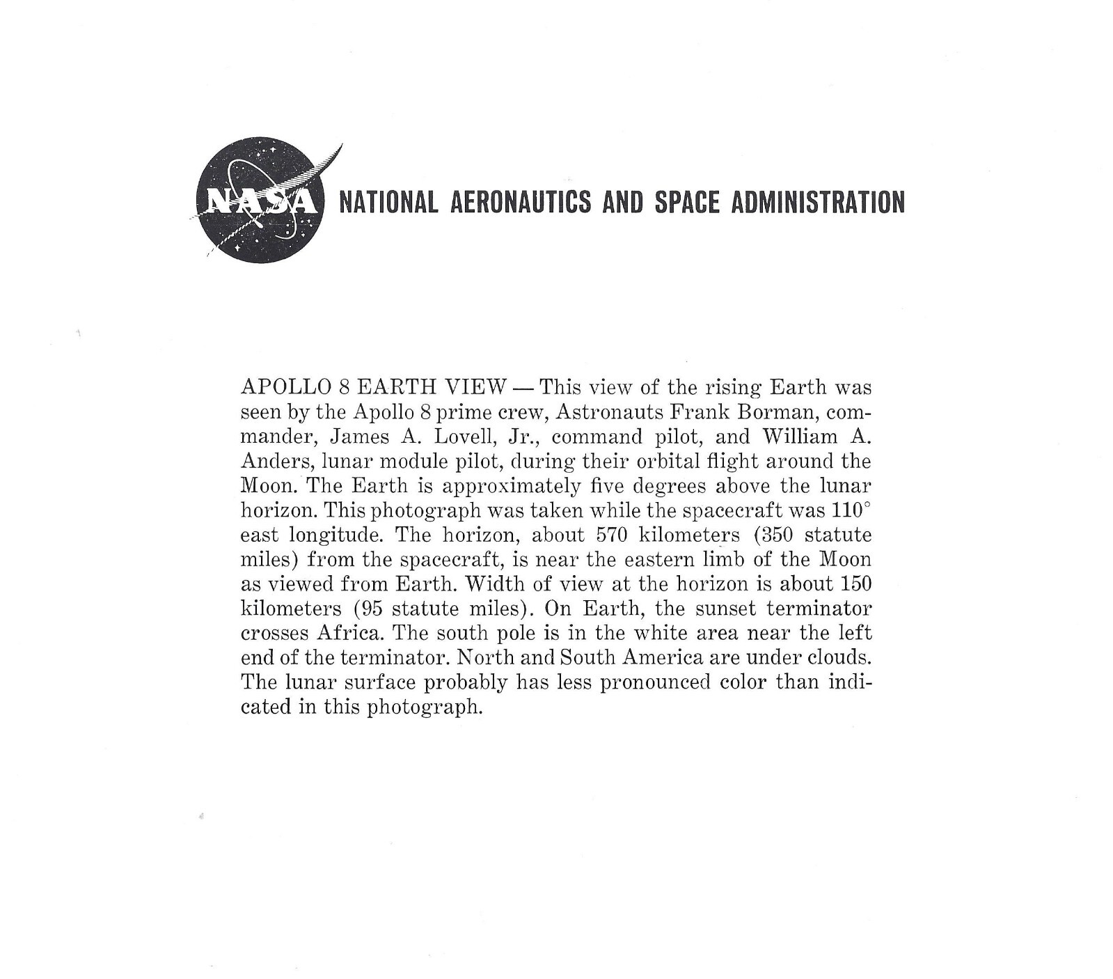 APOLLO 8 EARTHRISE 8x10 NASA LITHOGRAPH