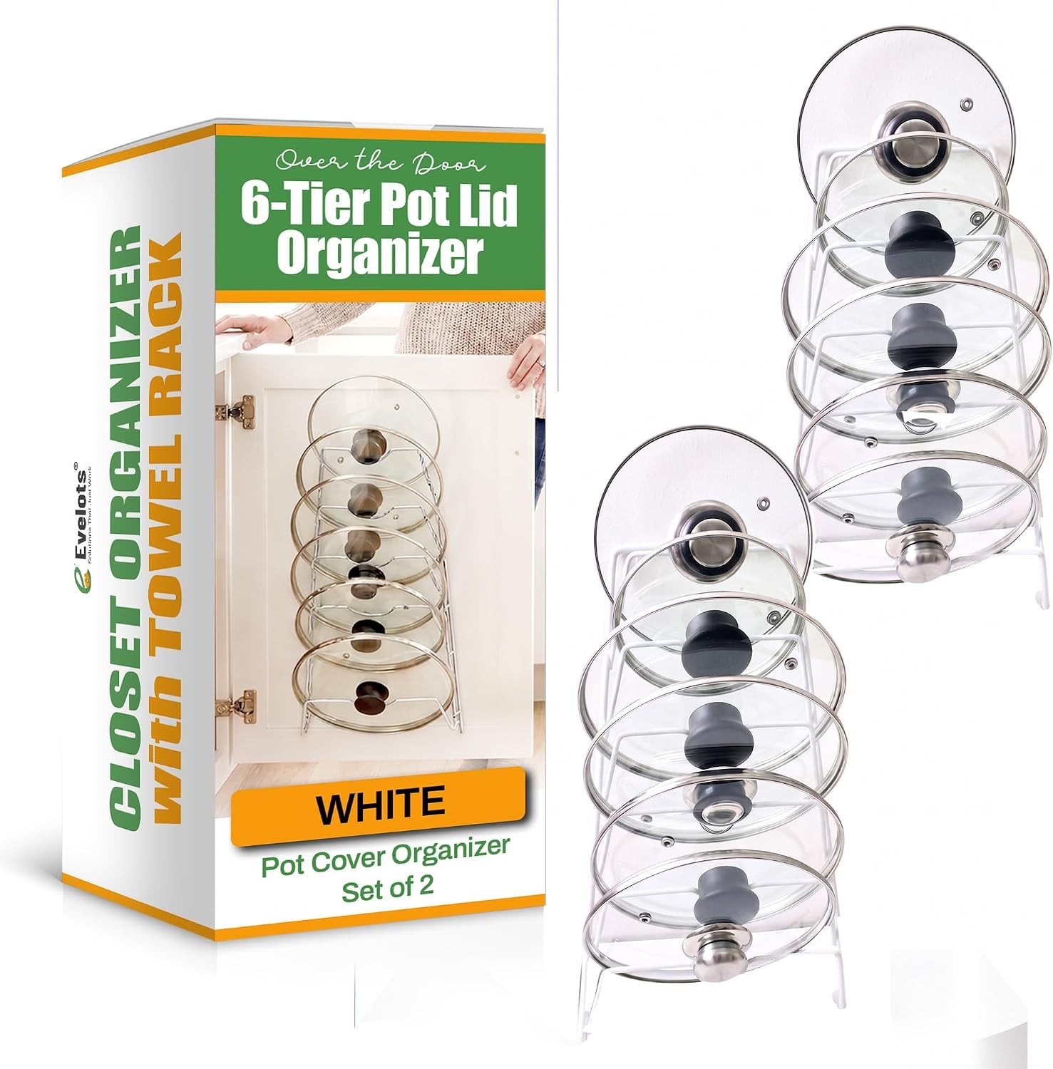 2-Pack 6-Slot Pot Lid Organizers Cabinet Door or Wall Racks White | Two 6-slot