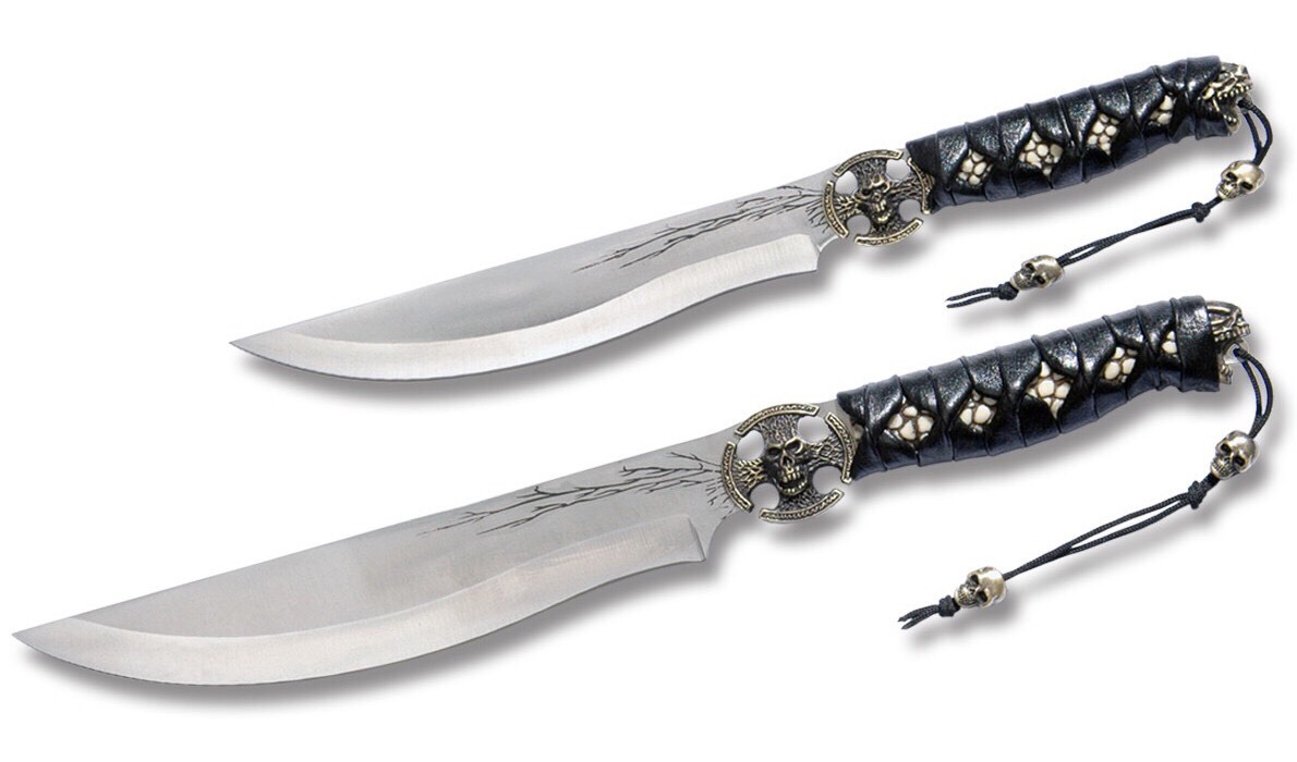2 Pc Dagger Set 11.5" & 14.25" Leather Wrapped Handles w/ Metal Skulls TR0010