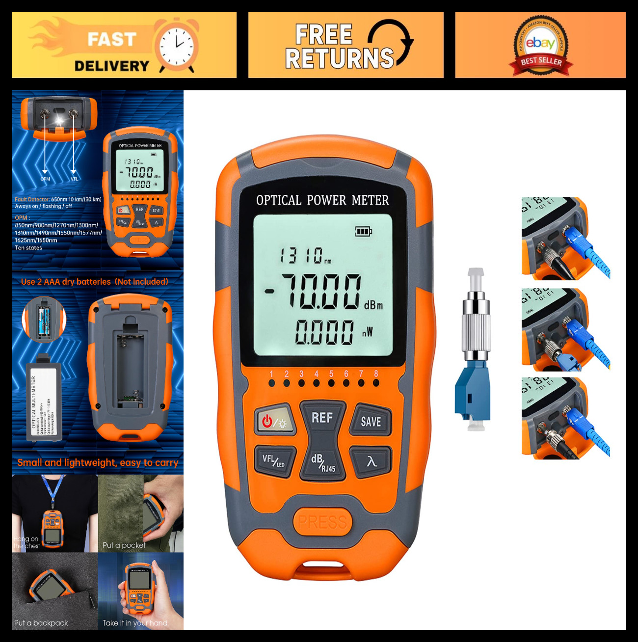Portable Fiber Optic Tester with Visual Fault Locator, Power Meter & 10km Range