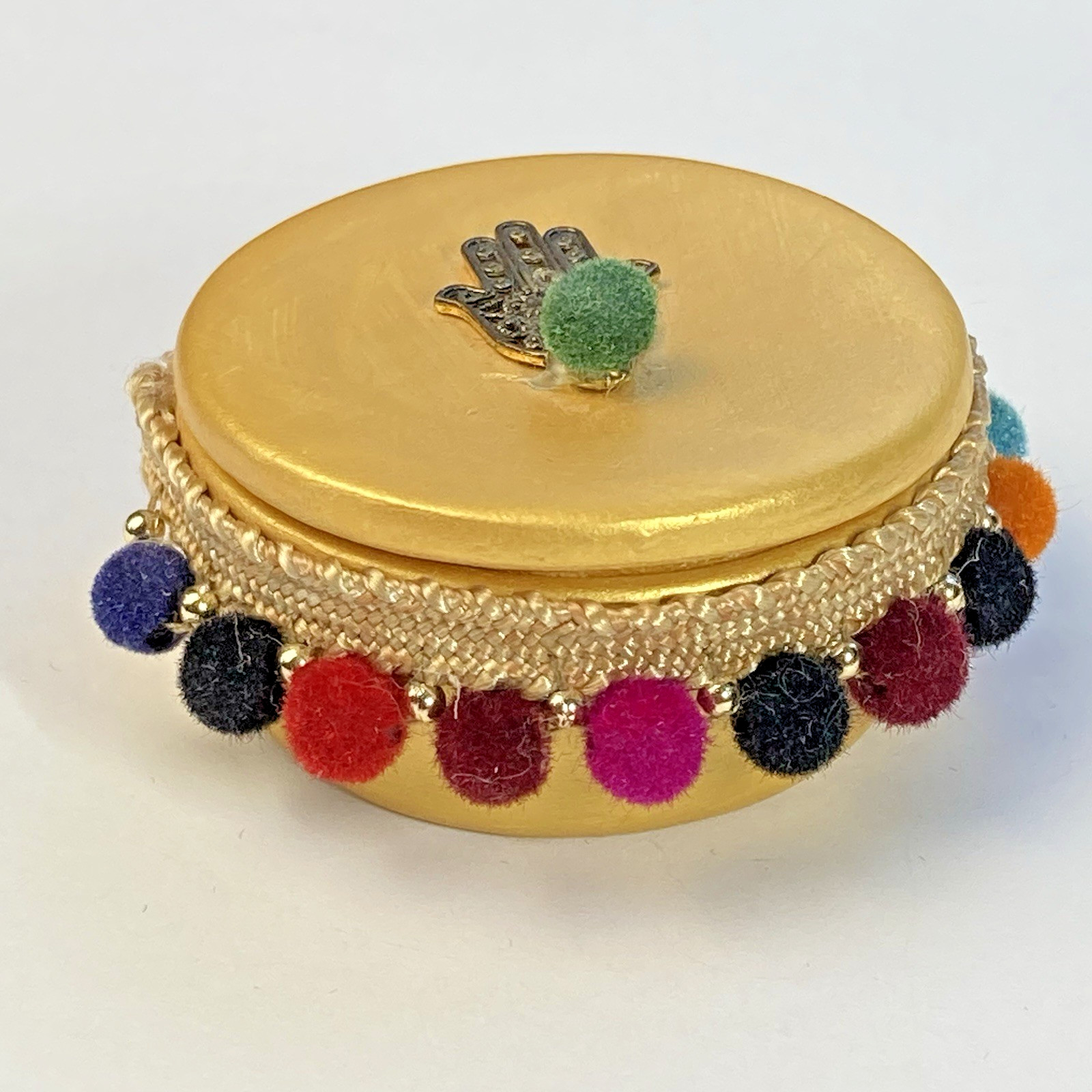 Colorful Fuzzy Ball Hamsa Hand Trinket Box Container