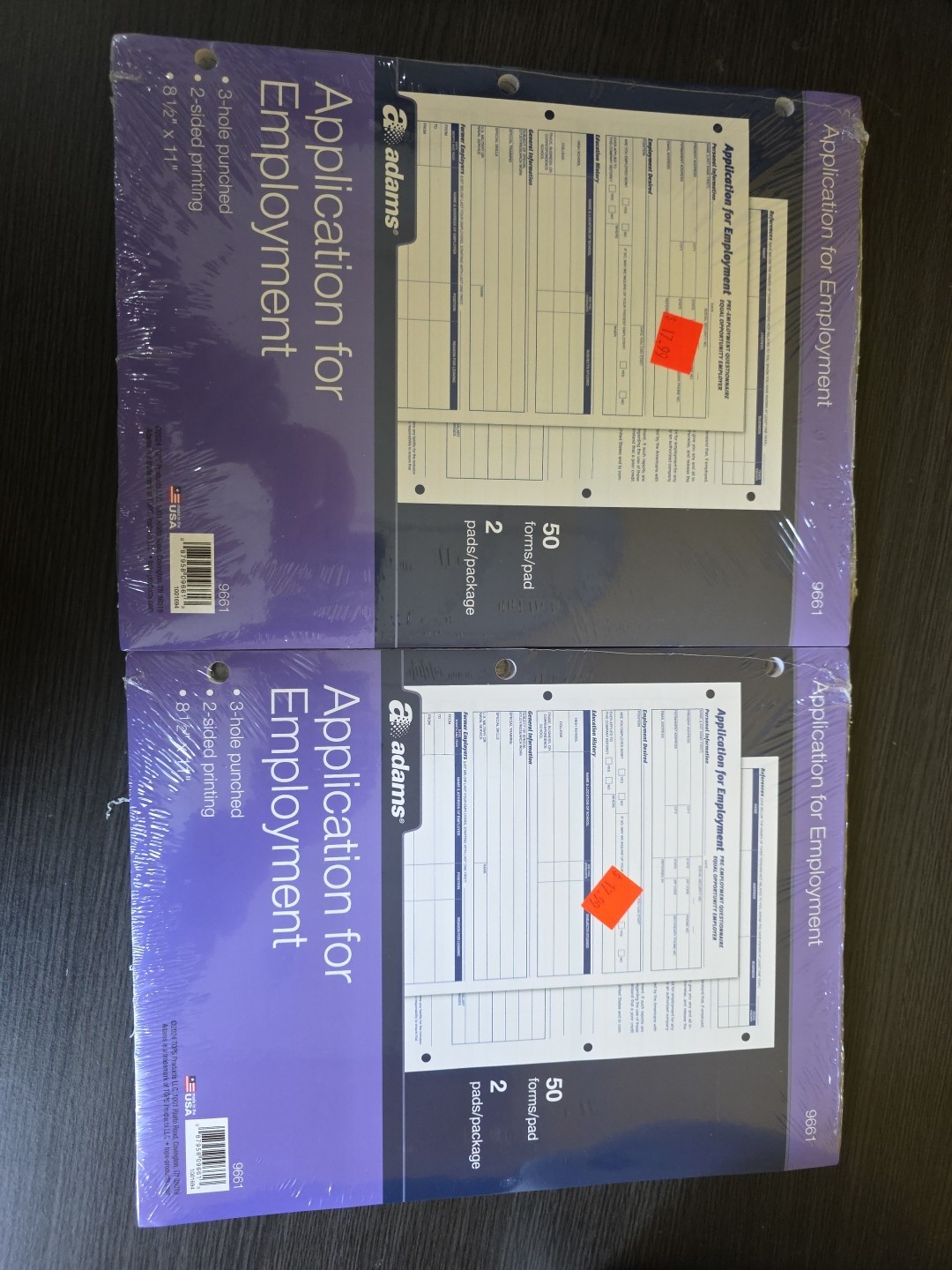 (2) Adams Applications for Employment Forms, 50 Two Sided Forms, 2 Pads per Pack