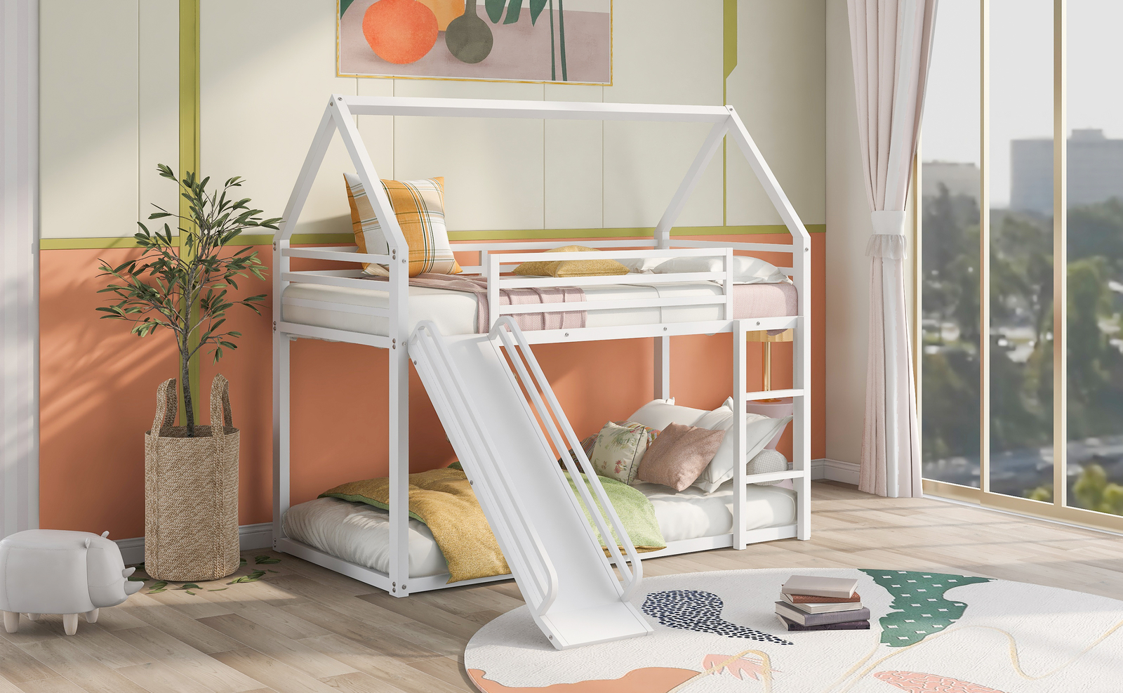 Twin over Twin Metal Bunk Bed W/ Slide /Ladder /Guardrail For Kids Teens White