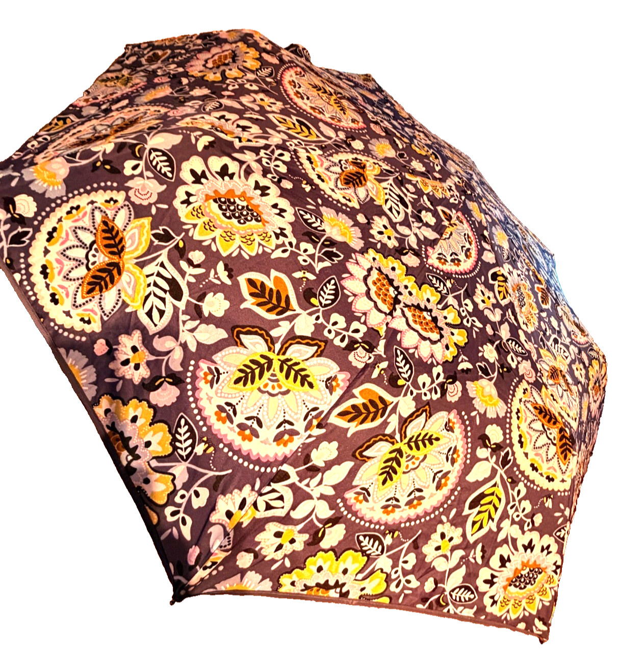 Vera Bradley compact folding umbrella featuring a colorful floral pattern gray
