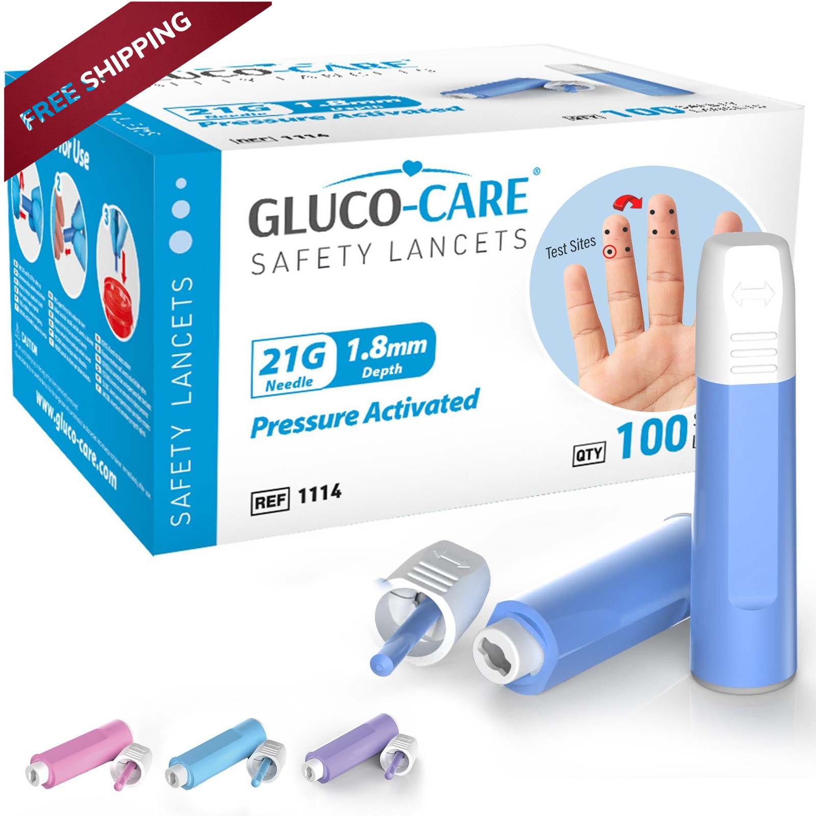 GLUCO-CARE Safety Lancets, Contact-Activated, 21G x 1.8mm, x Blue
