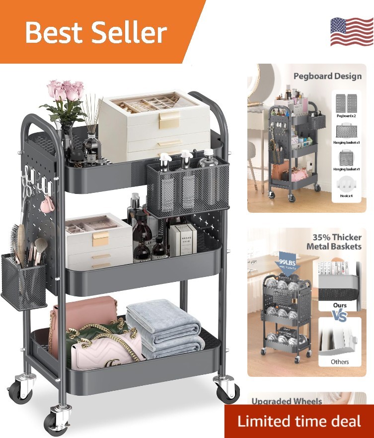 Versatile 3 Tier Metal Rolling Cart with Pegboards & Baskets for Home or Office
