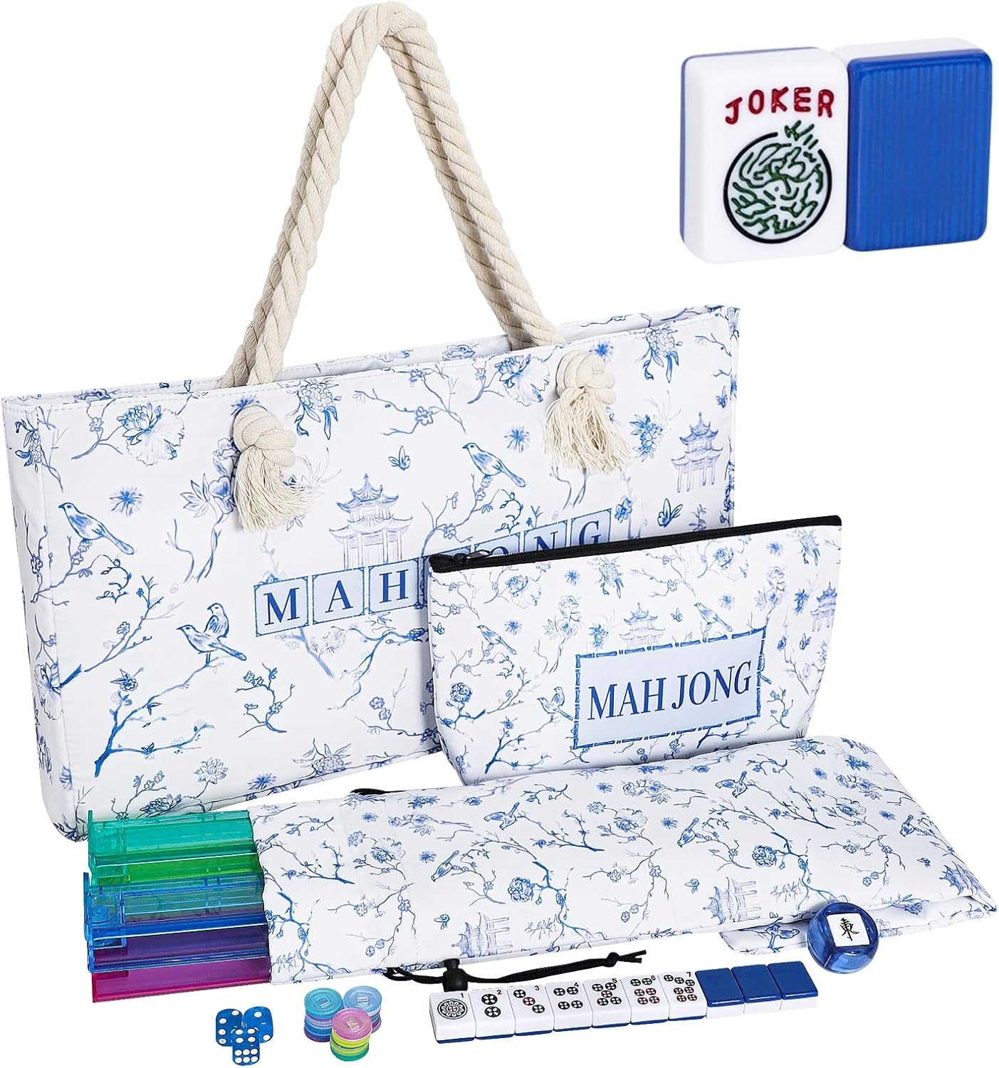 American Mahjong Tile Set, 166 Blue Tiles, Bag and Mahjong Accessories, 4 All-In