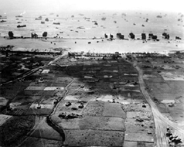 Ariel view of Okinawa beachhead World War 2 WWII 8x10 Photo 495a