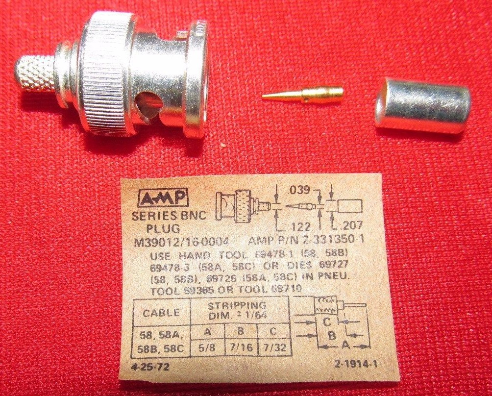 Lot of 12 ea. AMP Straight Connector BNC. RF male plug Amphenol Mfg Gold pin USA