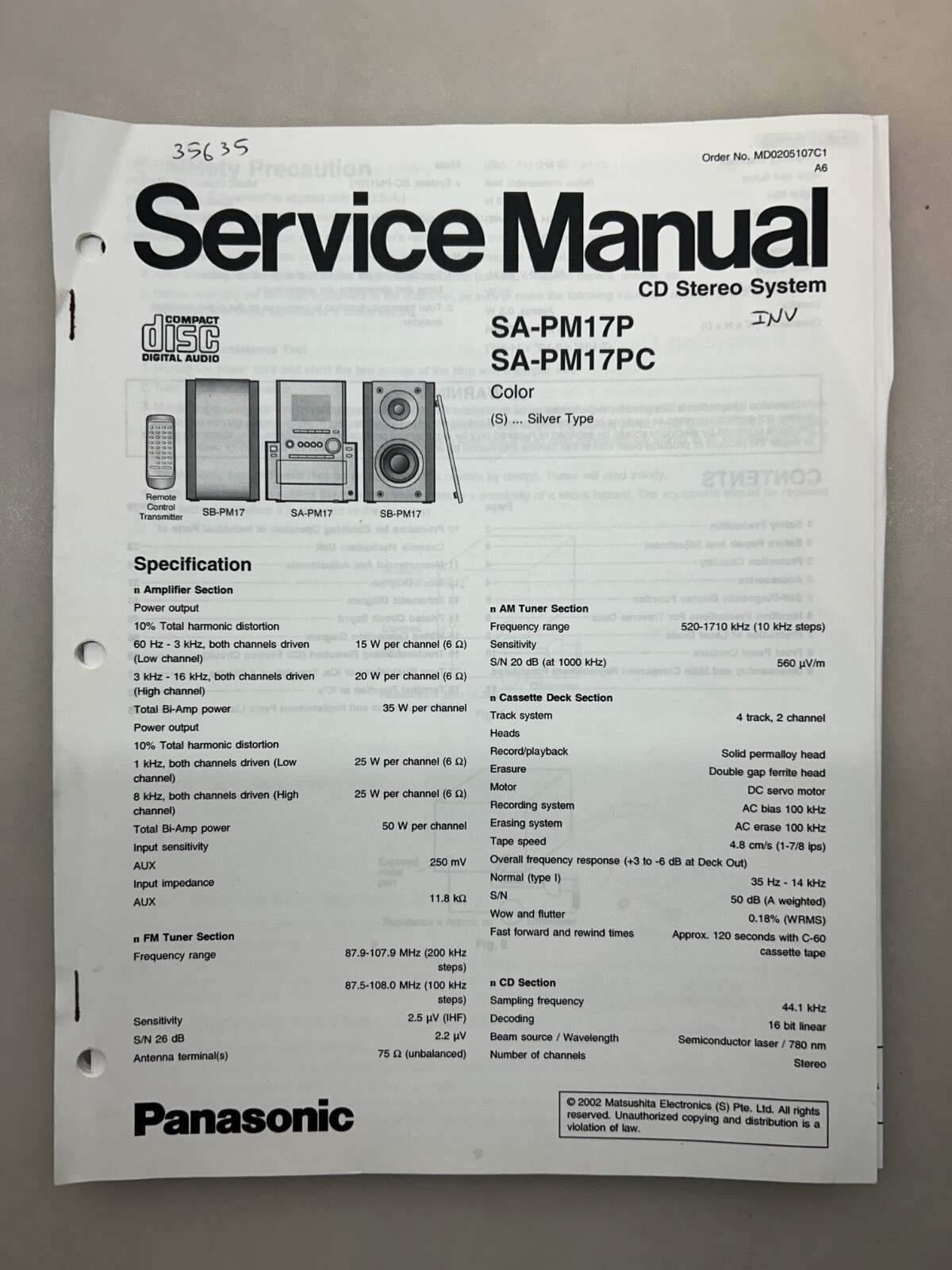 Panasonic SA-PM17 Original Service Manual Free Shipping