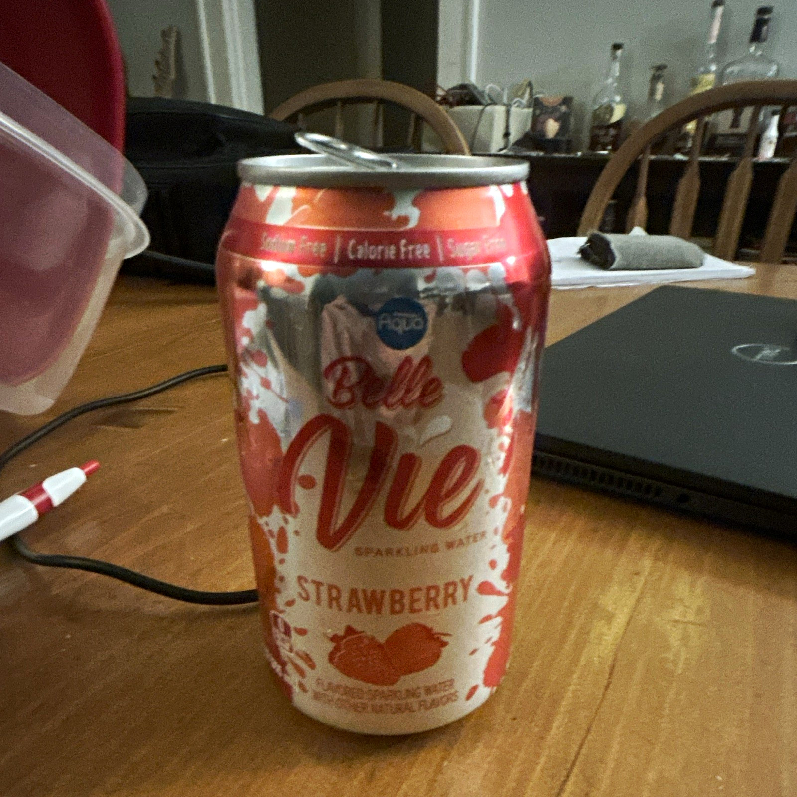 Aqua Belle Vie Strawberry Sparkling Water Empty Opened Can, Silver/Red/White
