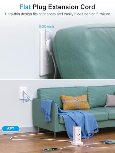 Power Strip Tower with Wireless Charger, Flat 6FT with Wireless Charging White