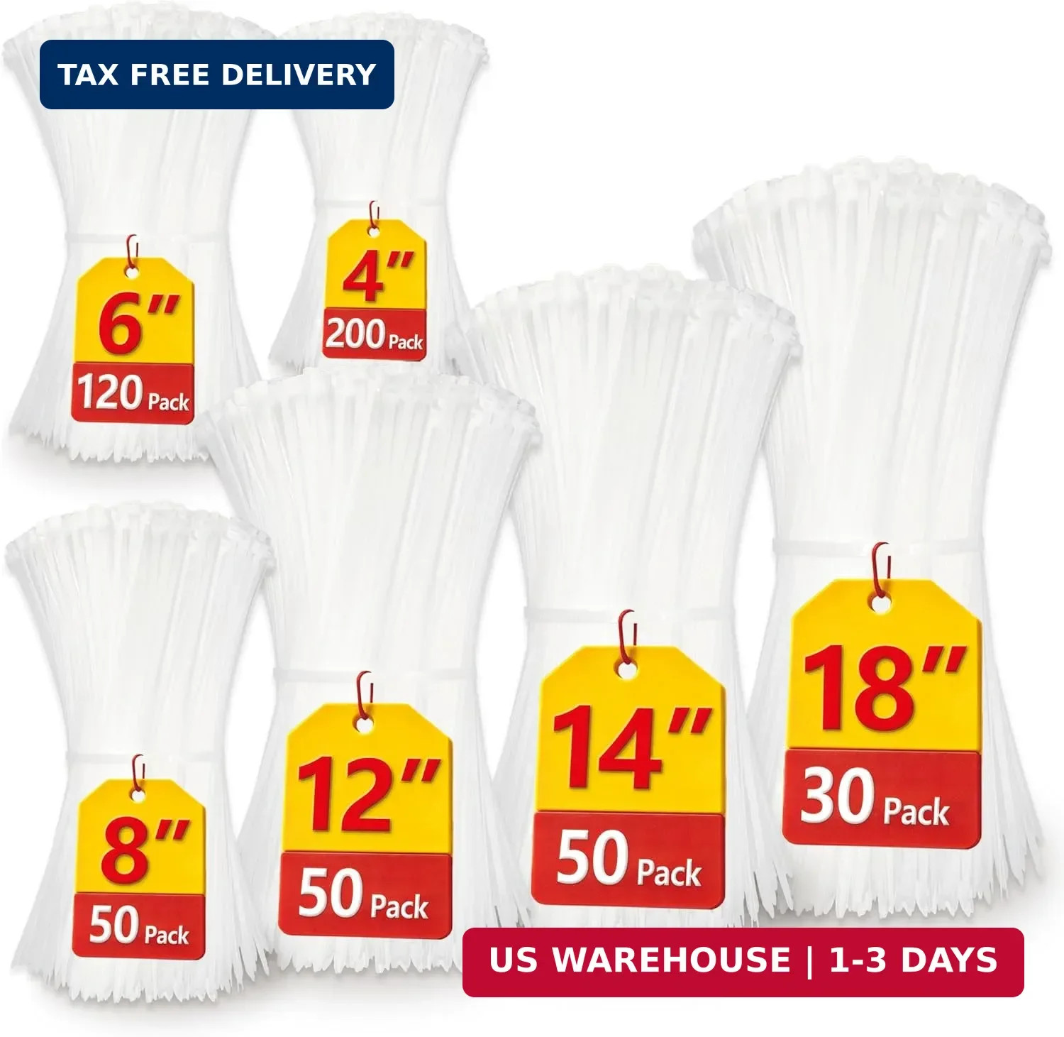 White Zip Ties Assorted Sizes(4″+6″+8″+12″+14″+18″), 500 Pack, Clear Zip Ties, W