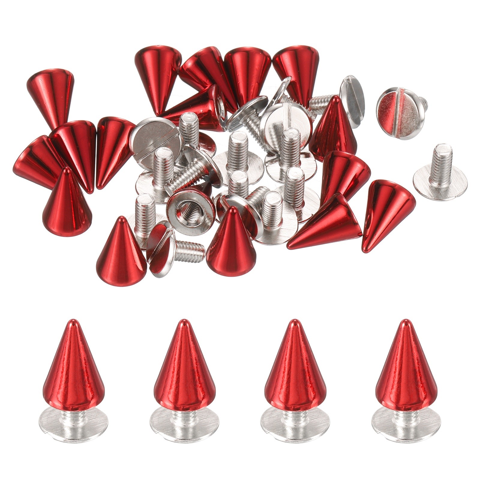 36-Set Spike Cone Studs 10x7mm Brass+Iron Screws for Crafts Red